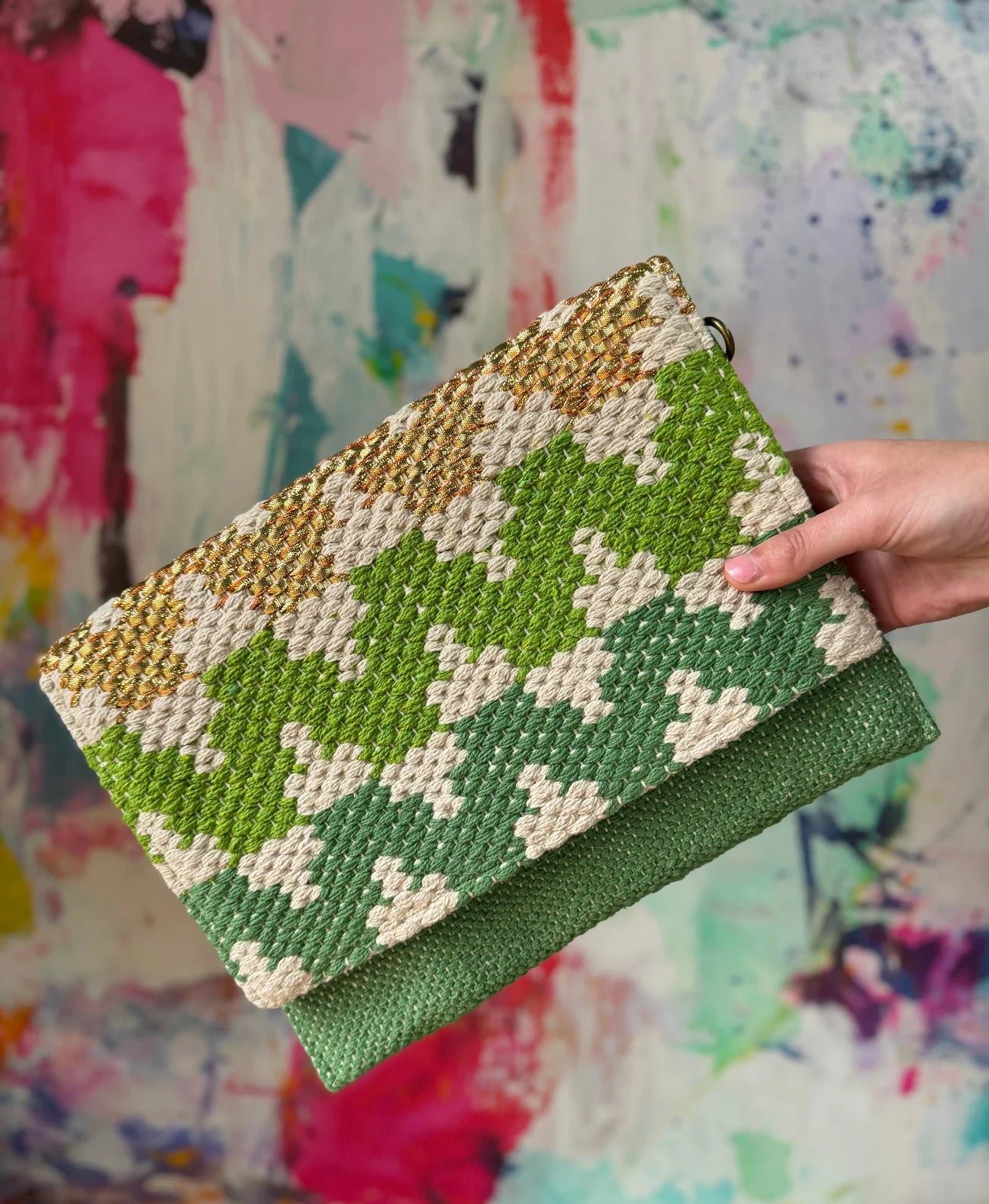 Metallic Woven Envelope Clutch/Bag - Green