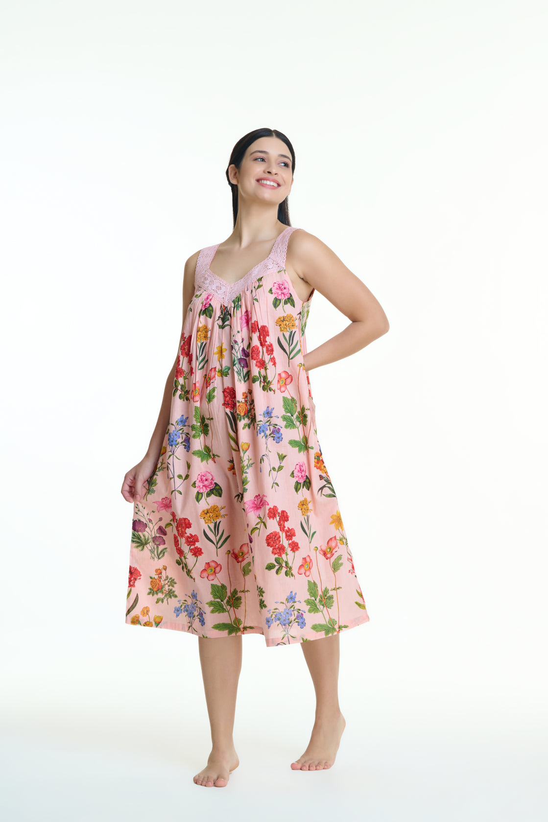 Hand Block Printed V Neck Nightie laced - Pink Multi Colour Floral