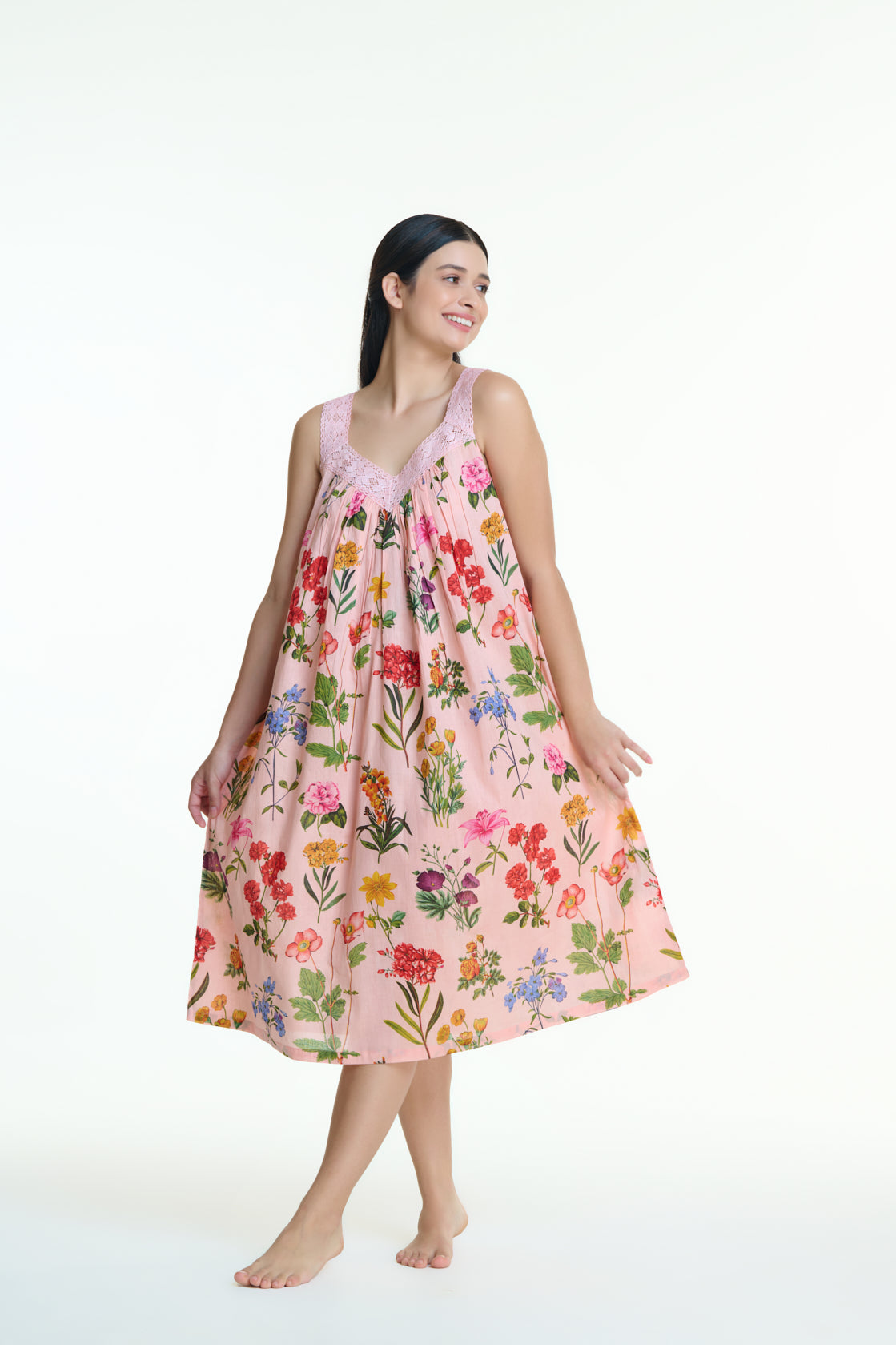 Hand Block Printed V Neck Nightie laced - Pink Multi Colour Floral