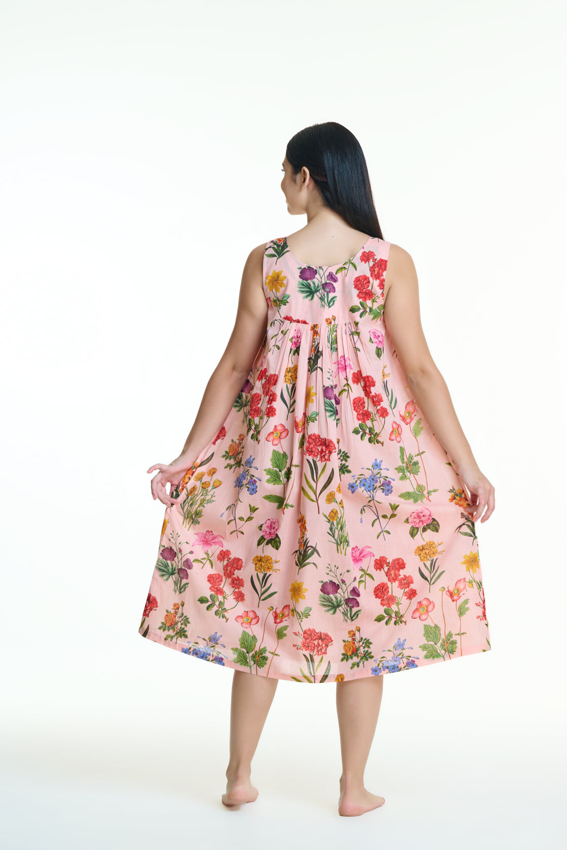 Hand Block Printed V Neck Nightie laced - Pink Multi Colour Floral