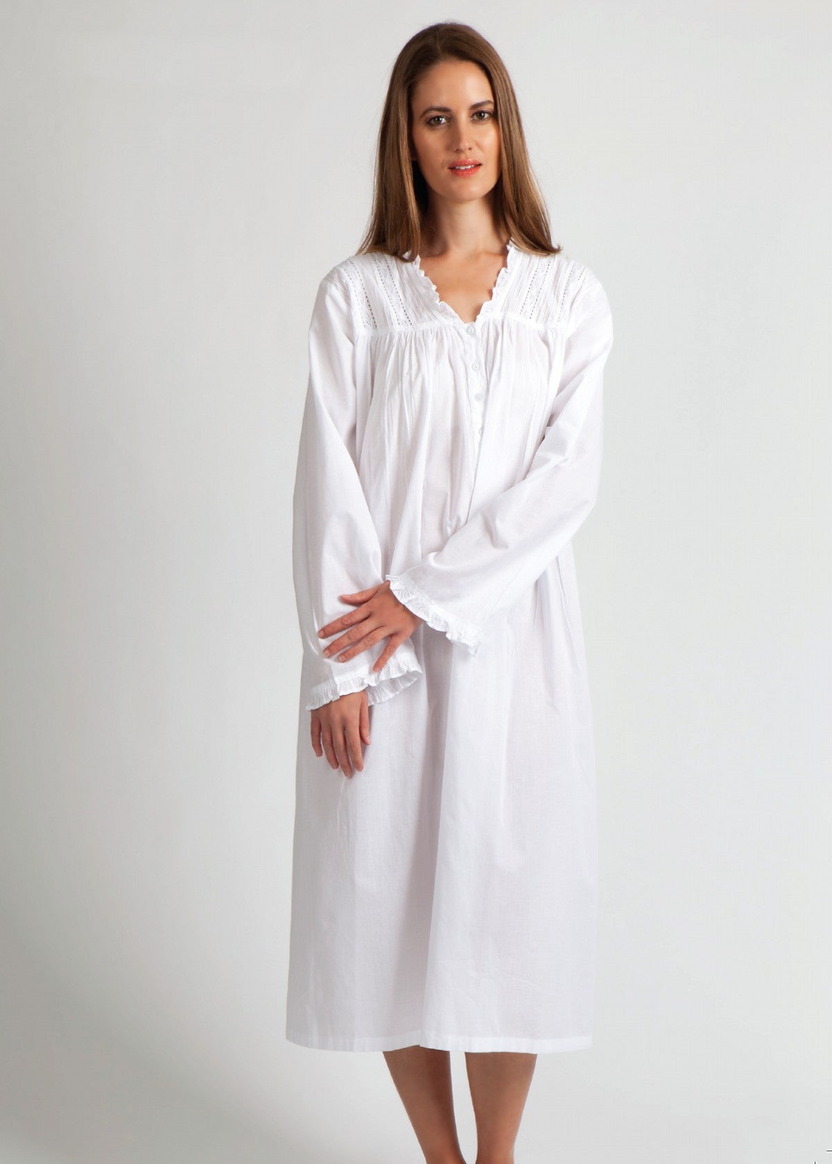 Long Sleeve Nightie - white cotton lace V neck