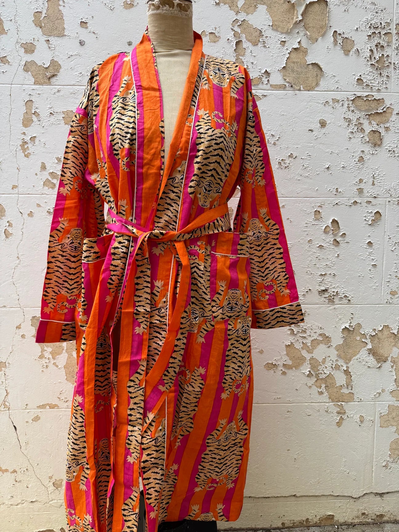 Orange and Pink Stripe Tiger Cotton Robe