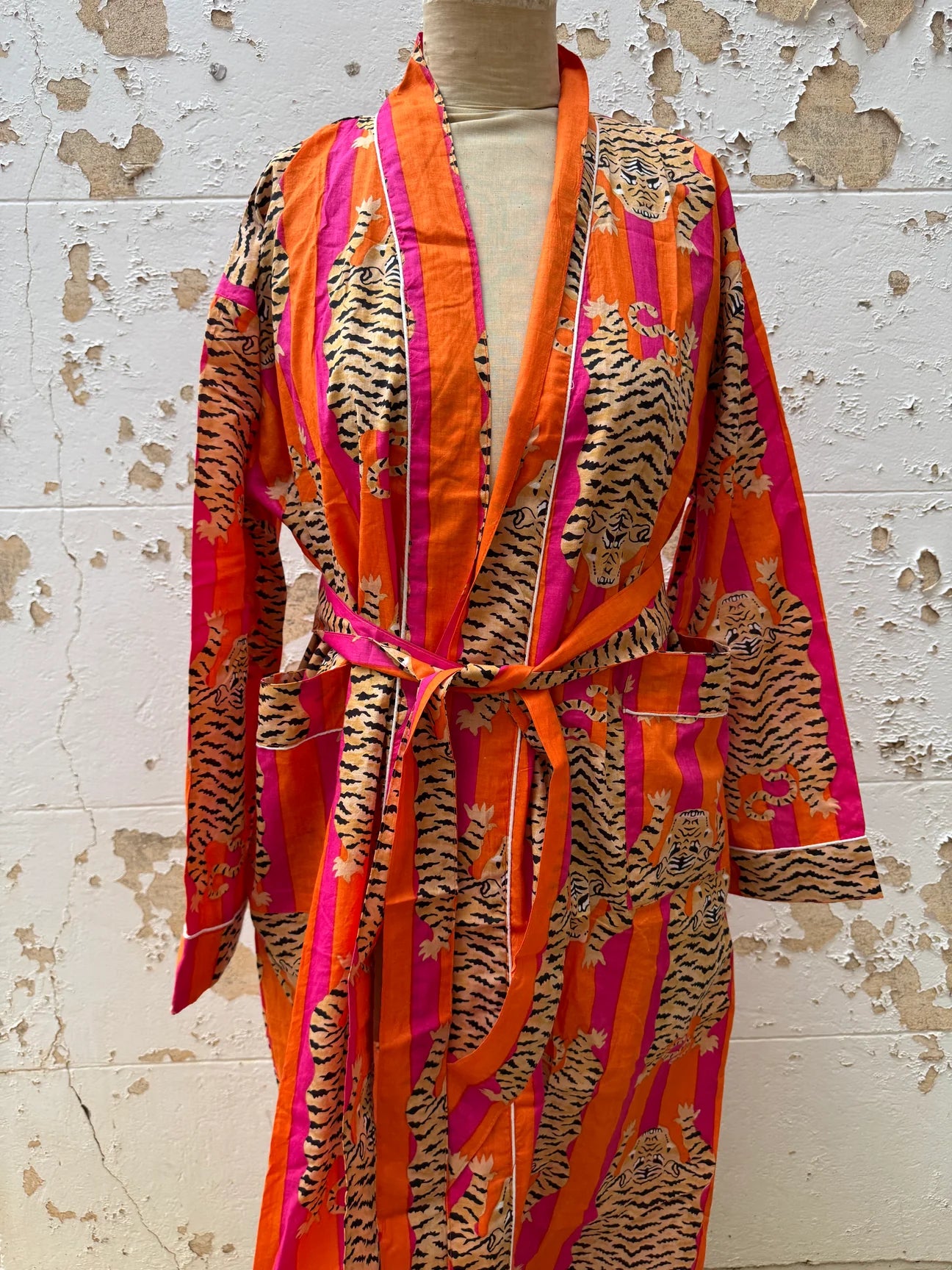 Orange and Pink Stripe Tiger Cotton Robe