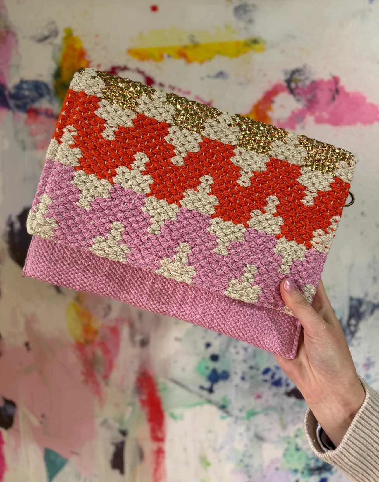 Metallic Woven Envelope Clutch/Bag - Pink