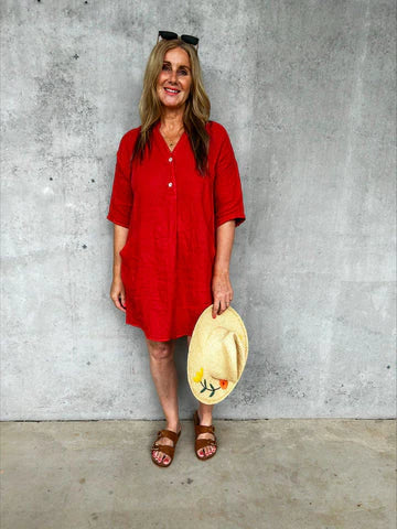 Frederic button front linen tunic - Watermelon