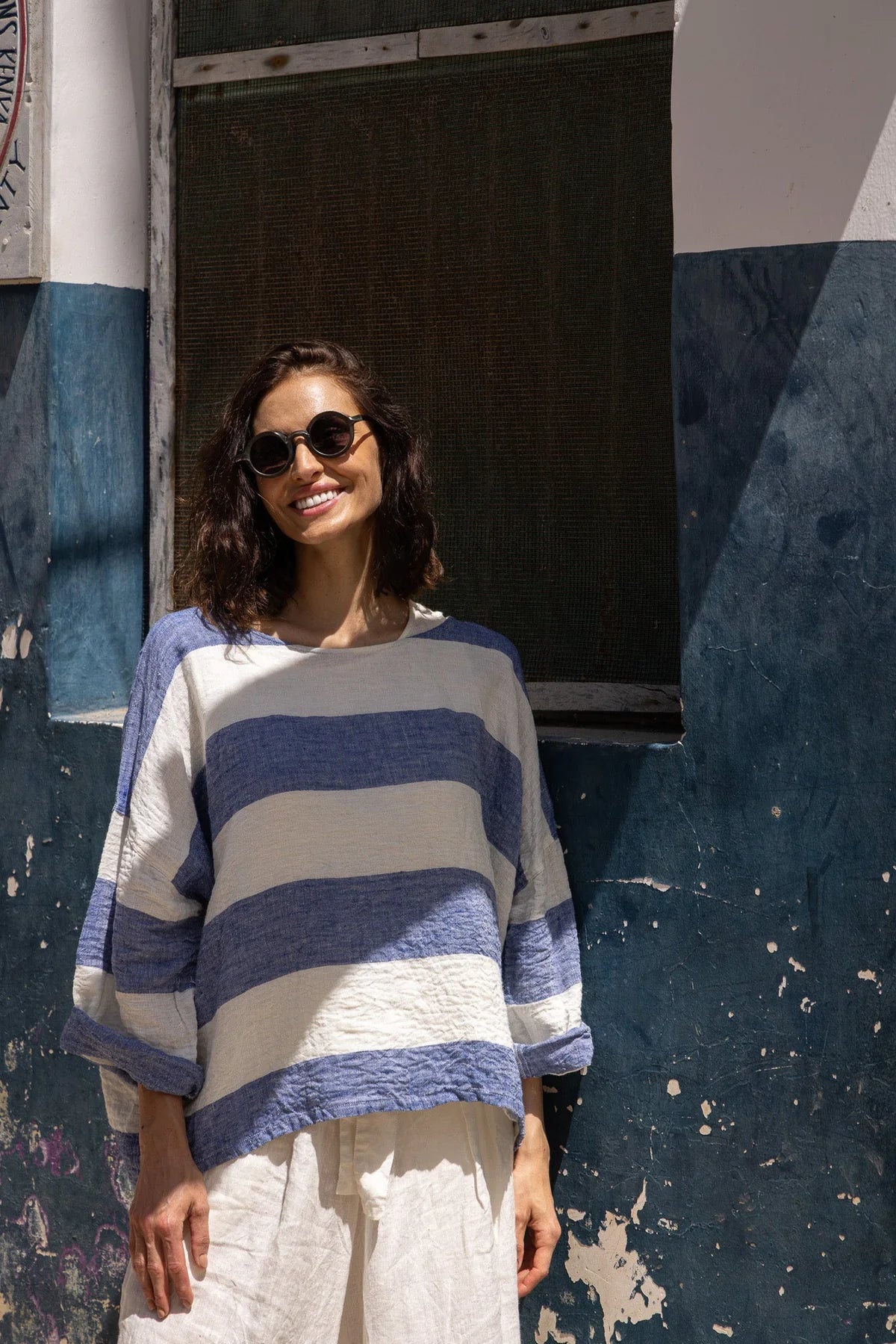 Saba Top - Linen - Blue Stripe