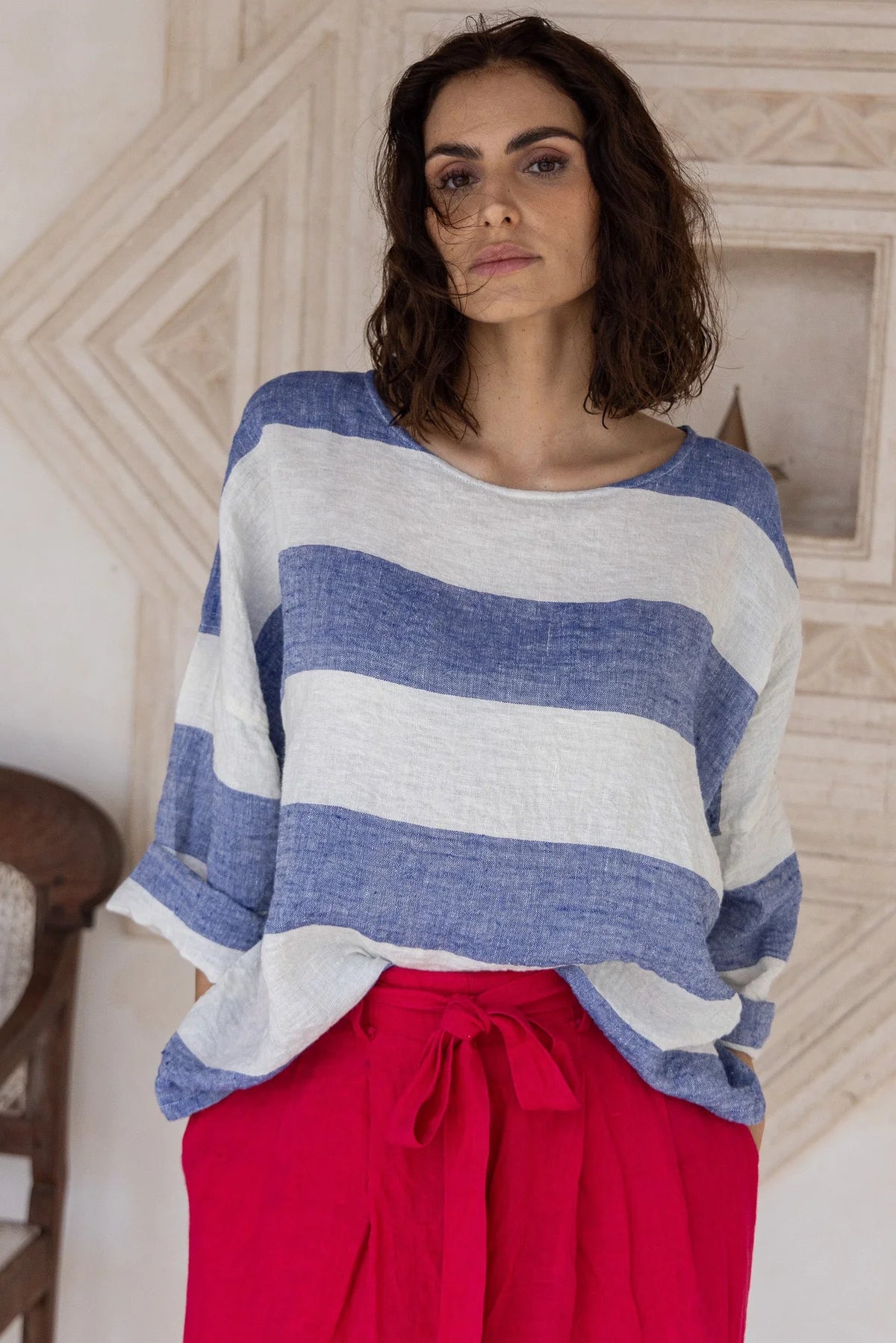 Saba Top - Linen - Blue Stripe