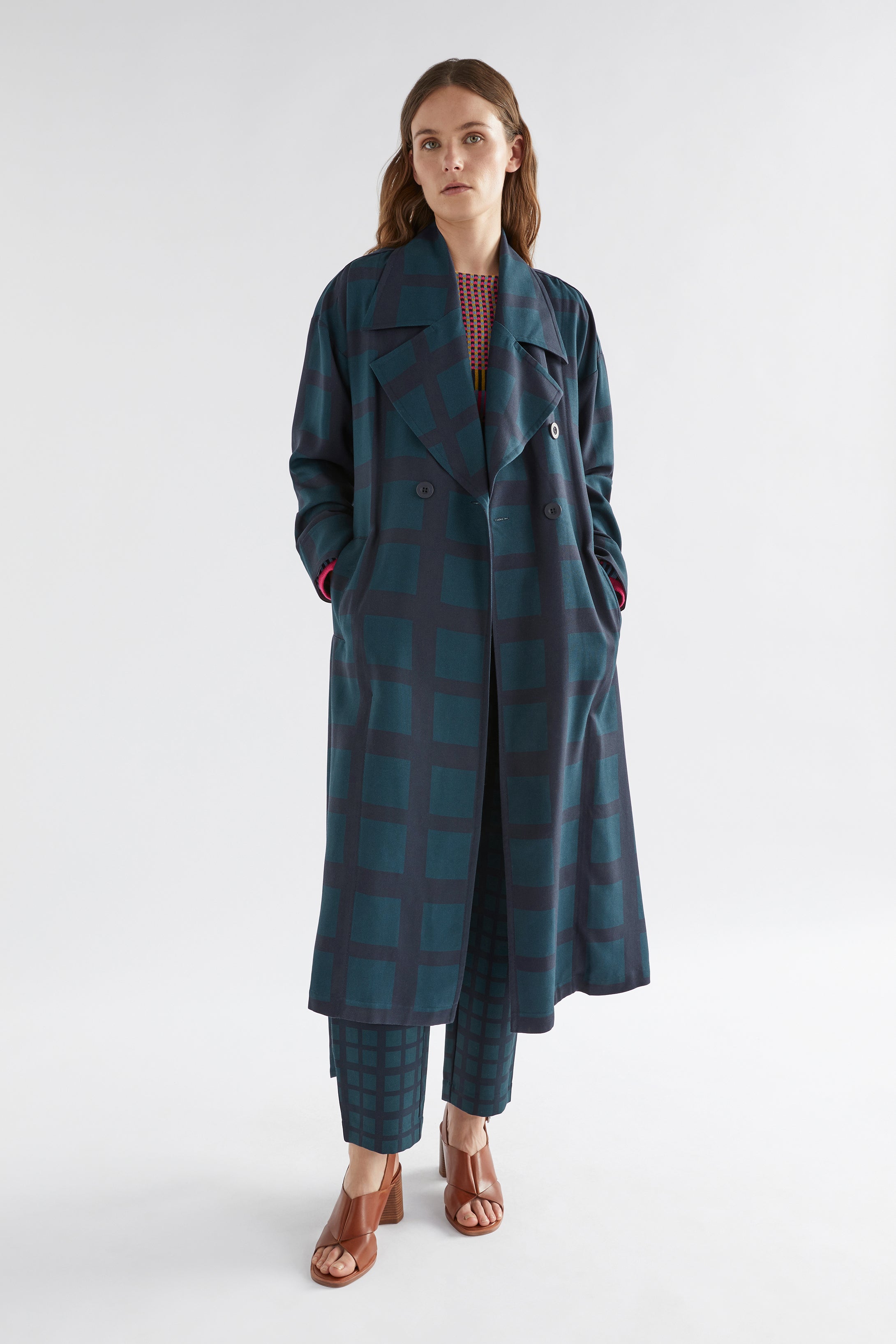 Krata Trench Coat - Navy/Kombu Green Check