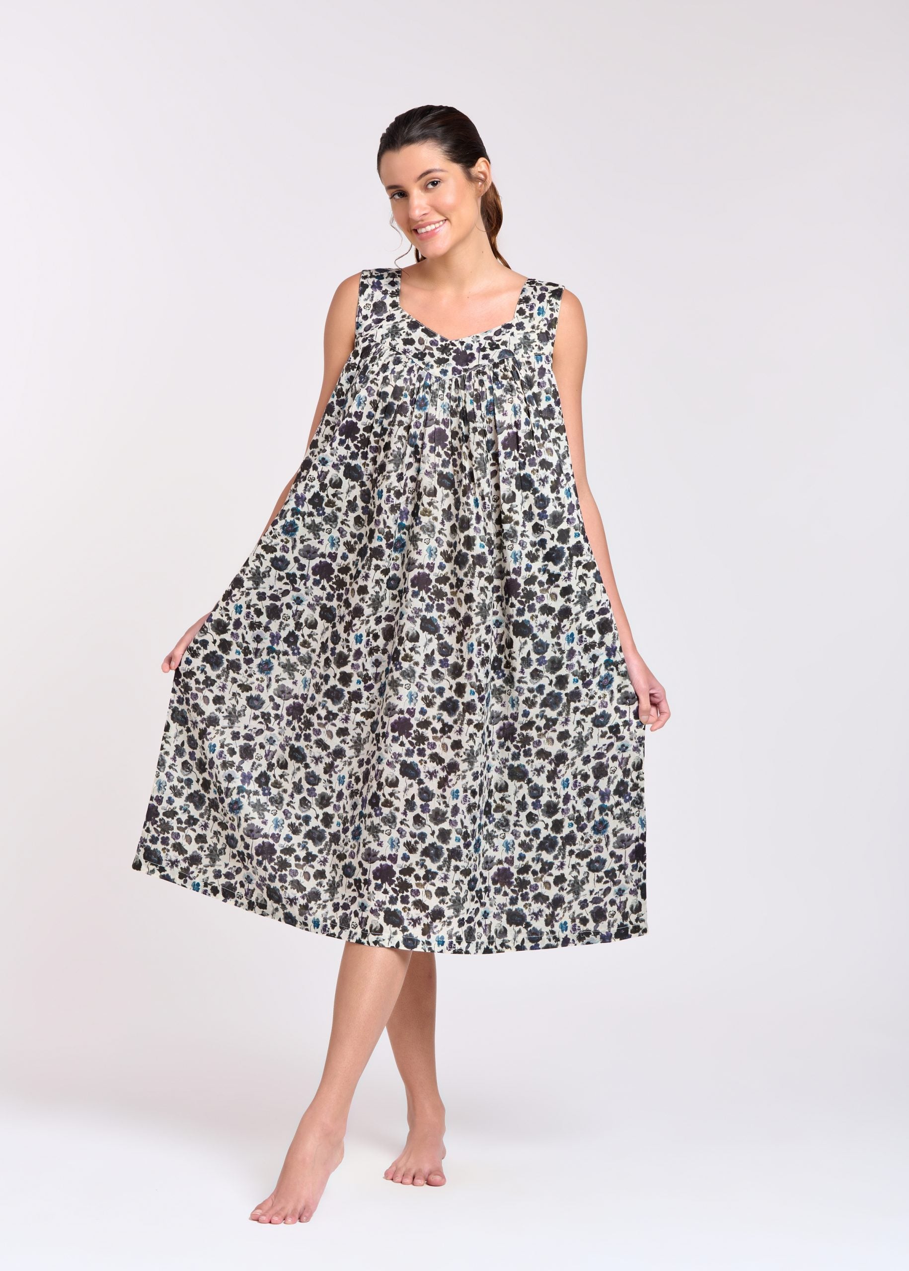 Hand Block Printed V Neck Nightie - Ink/Purple Floral