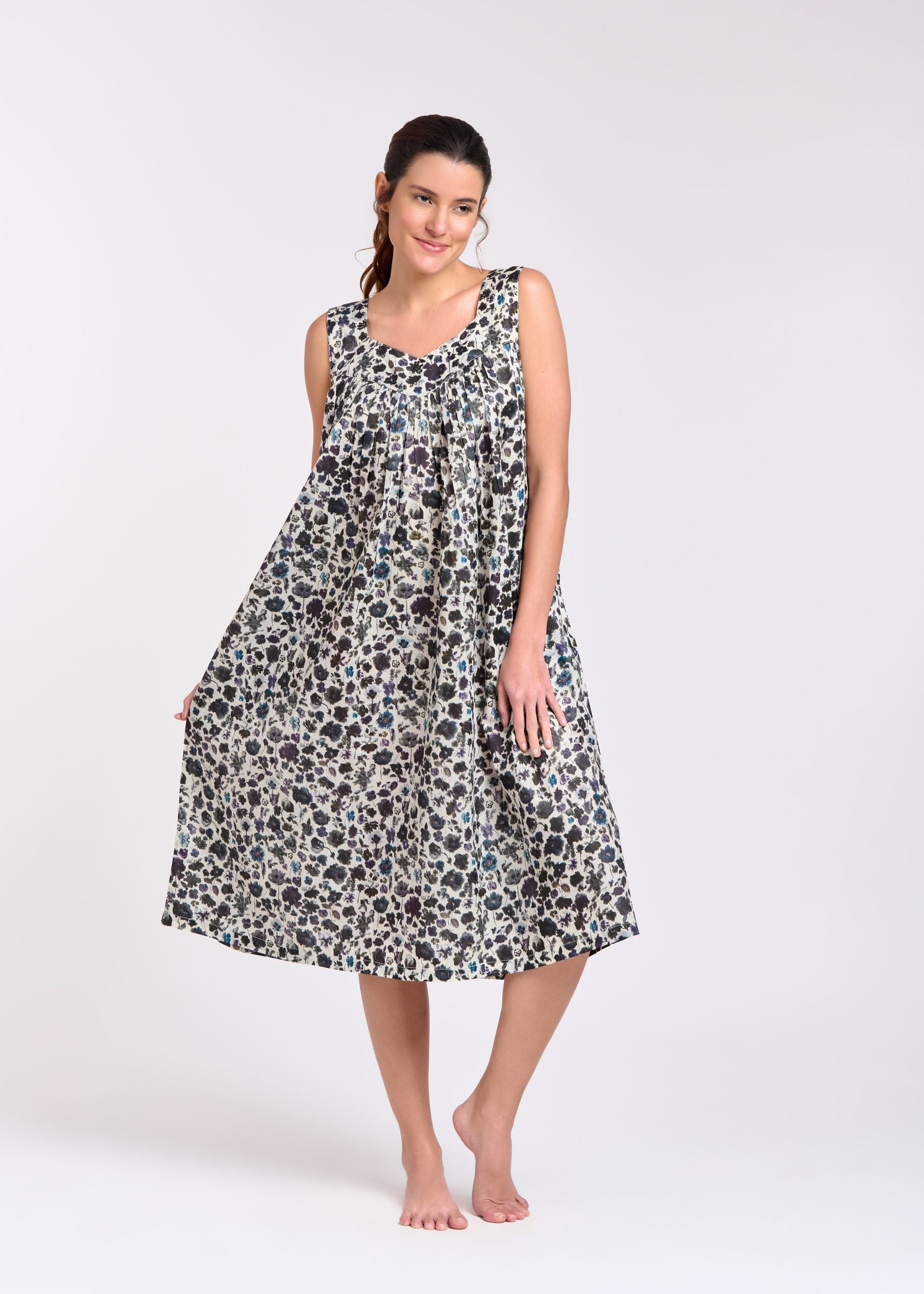 Hand Block Printed V Neck Nightie - Ink/Purple Floral