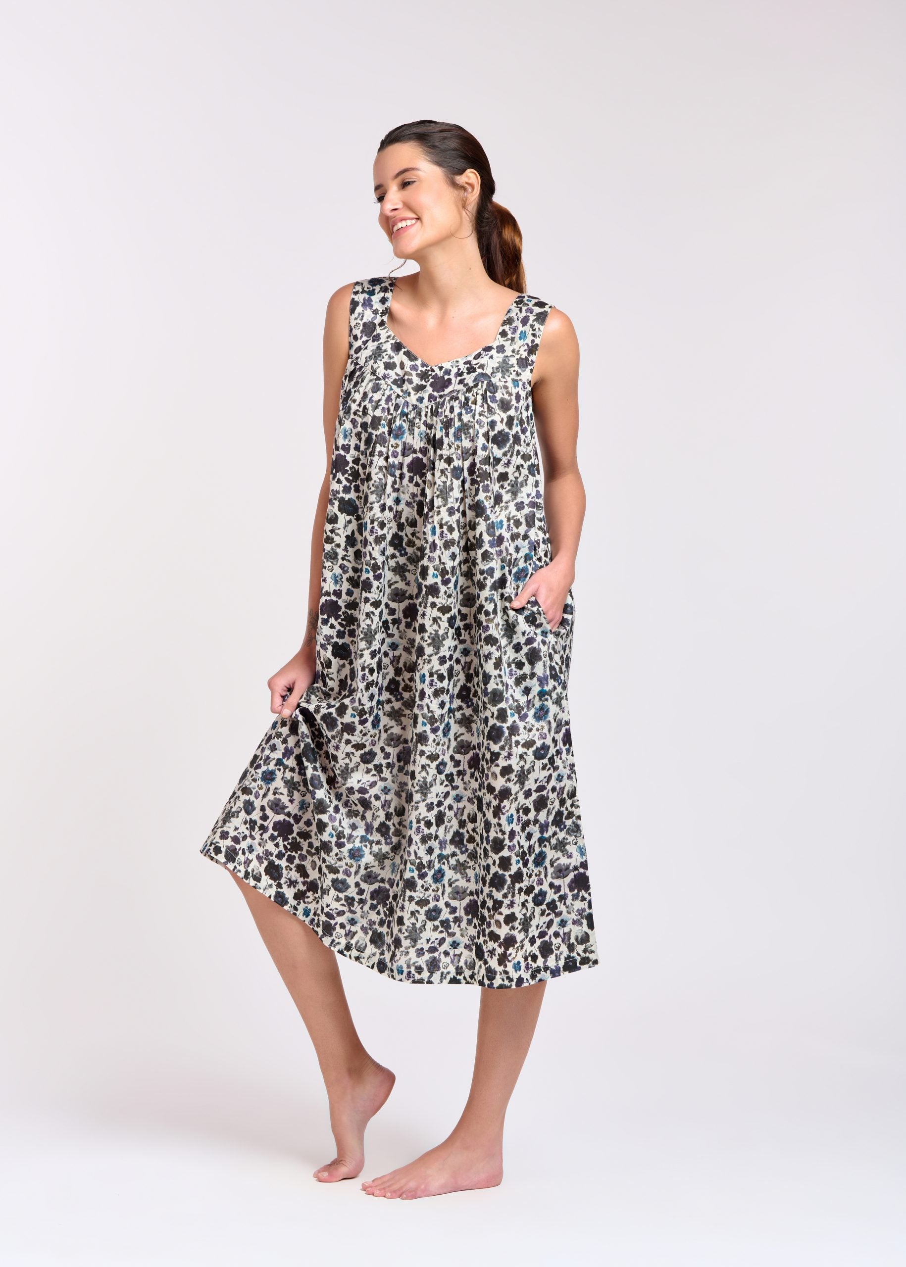Hand Block Printed V Neck Nightie - Ink/Purple Floral