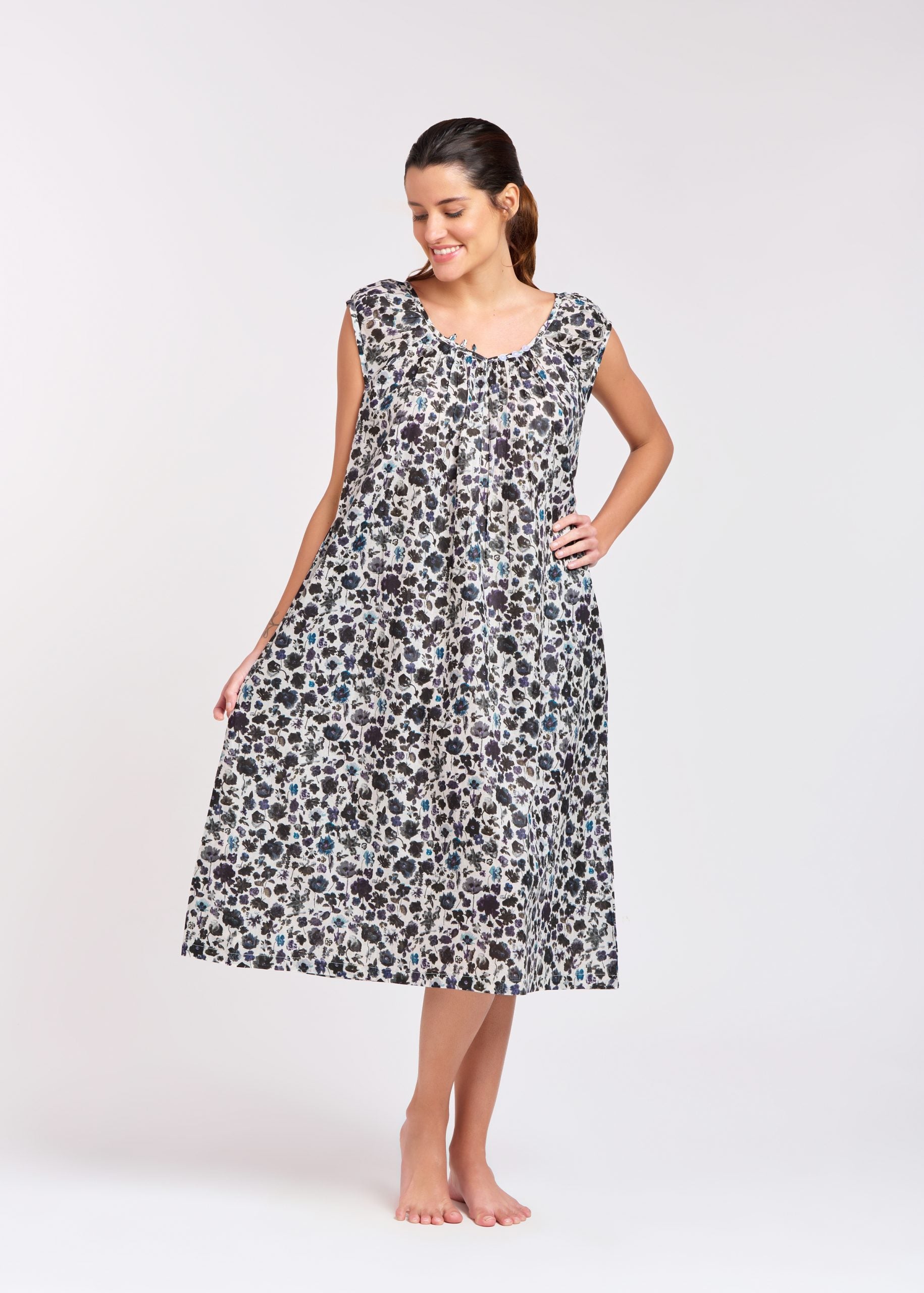 Hand Block Printed Capped Sleeve Nightie - Ink/Purple Floral