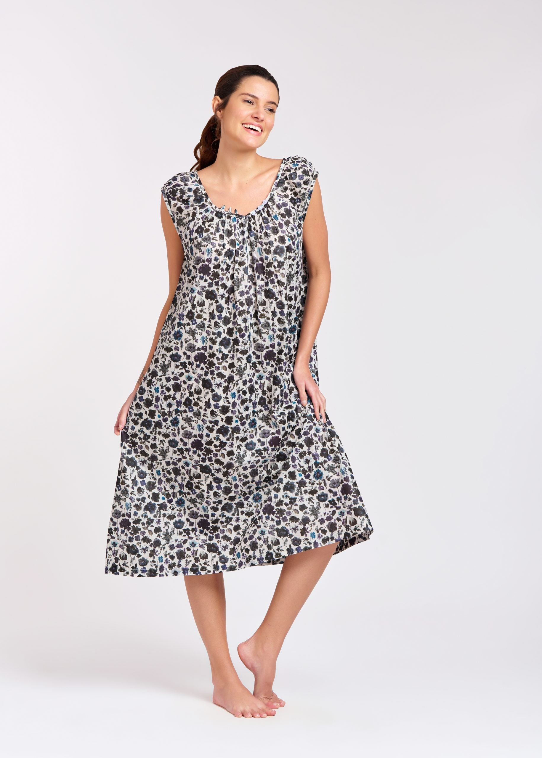 Hand Block Printed Capped Sleeve Nightie - Ink/Purple Floral