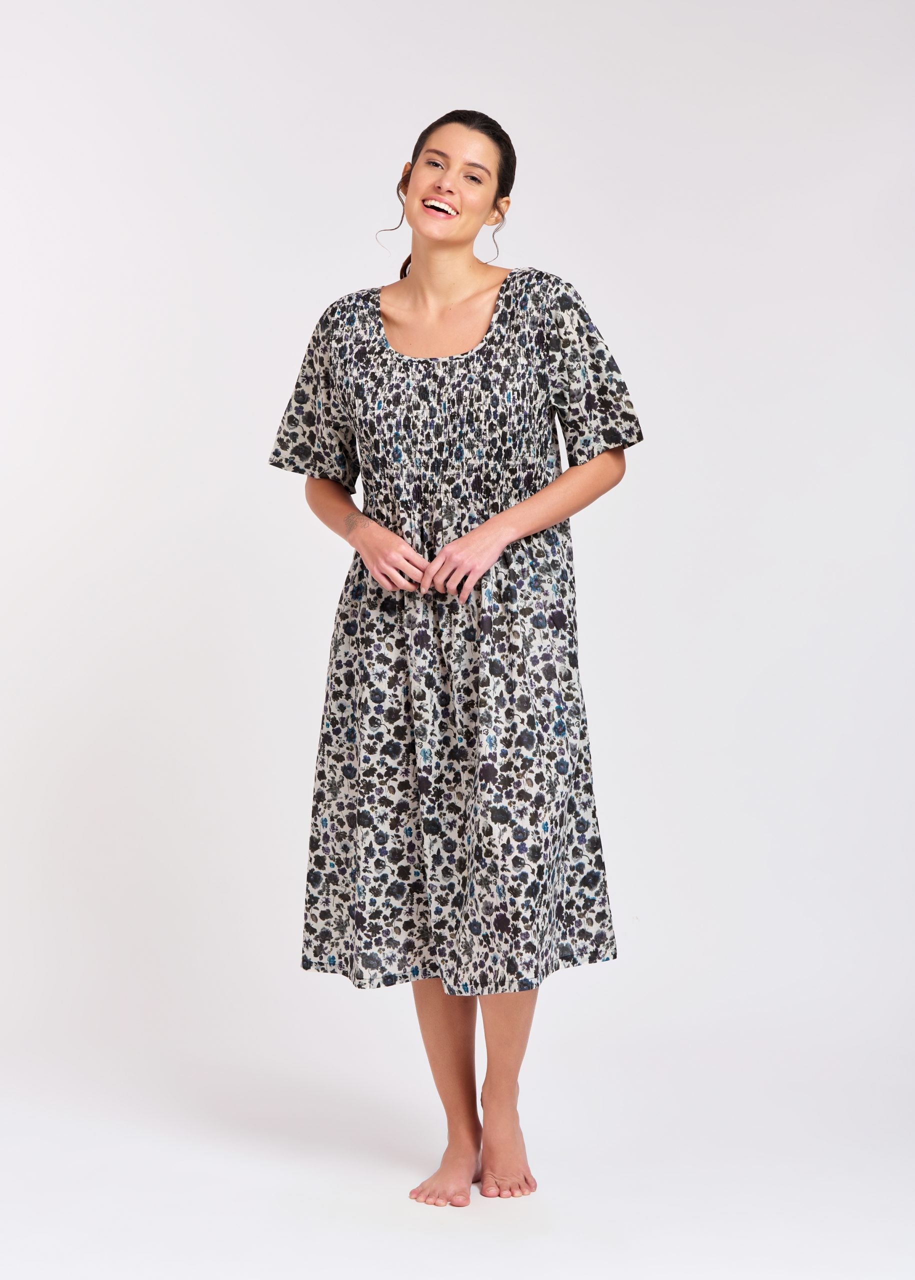 Hand Block Printed Shirred Nightie - Ink/Purple Floral