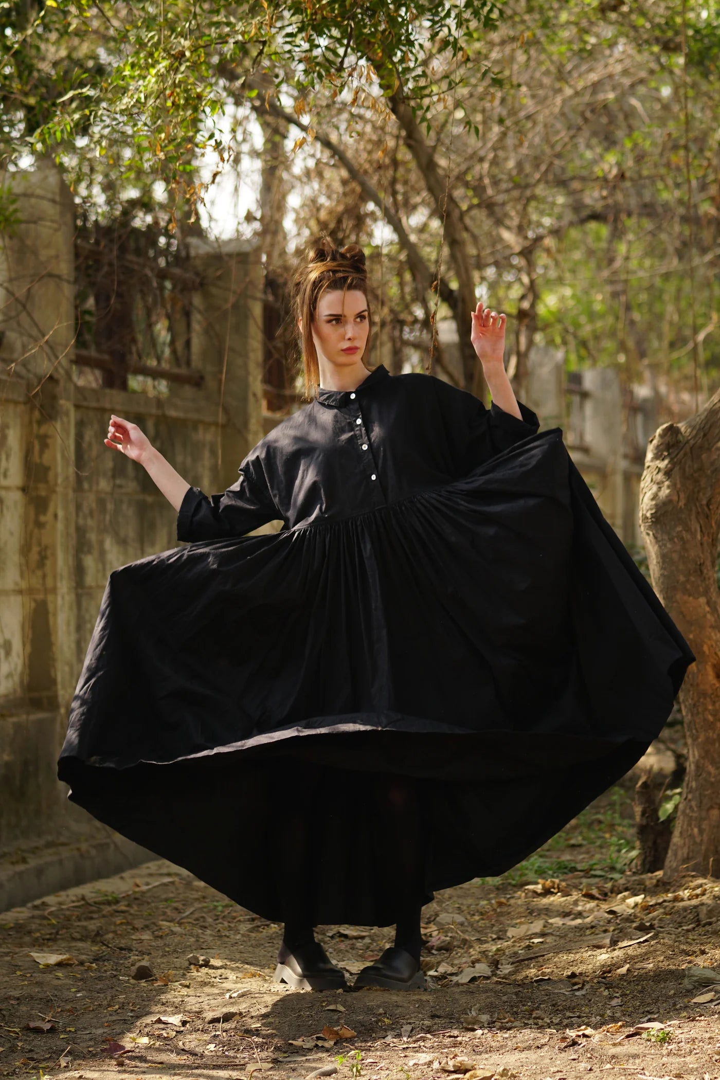 Edith Long Dress Cotton Twill - Black