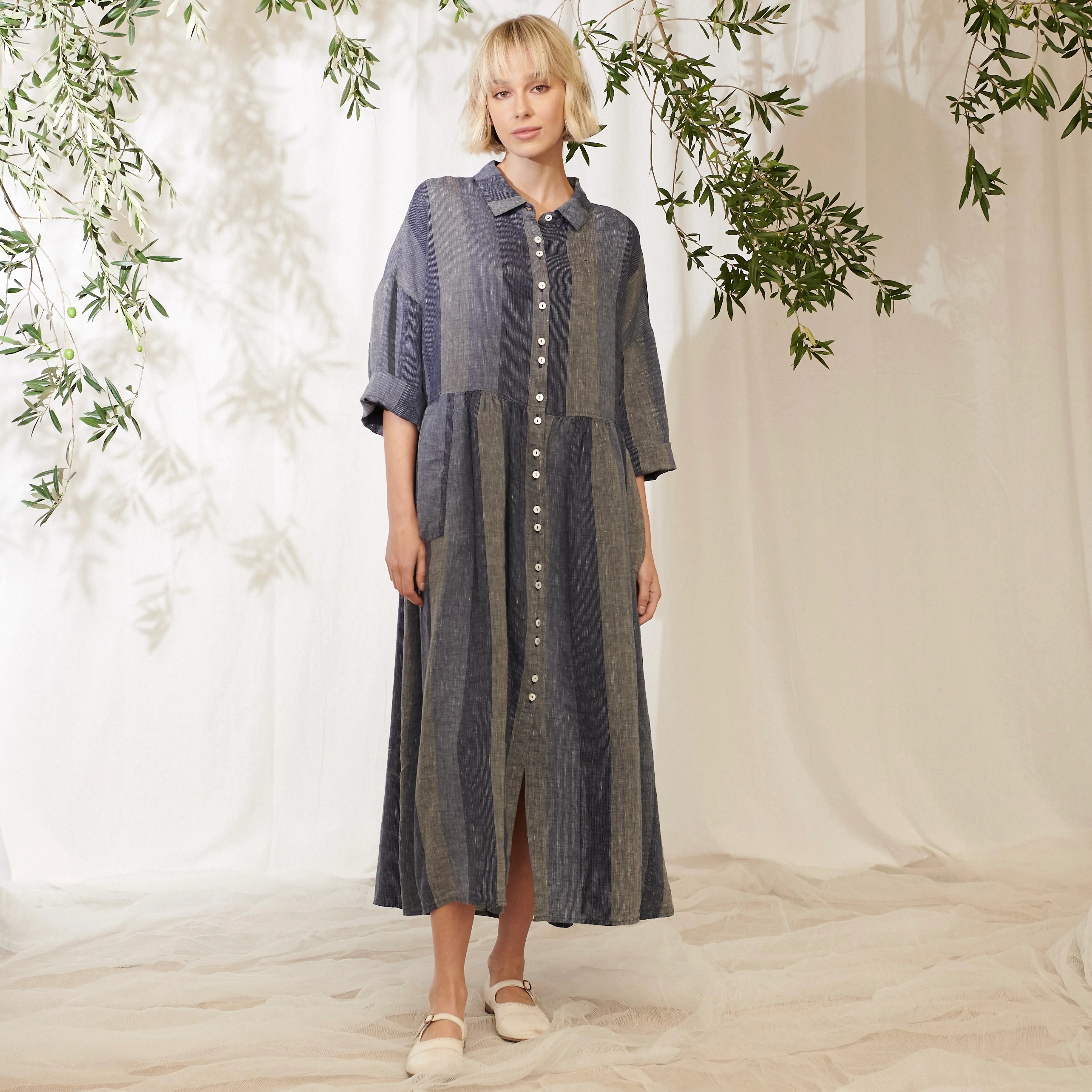Ingrid Linen Stripe Shirt Dress - Indigo Stripe