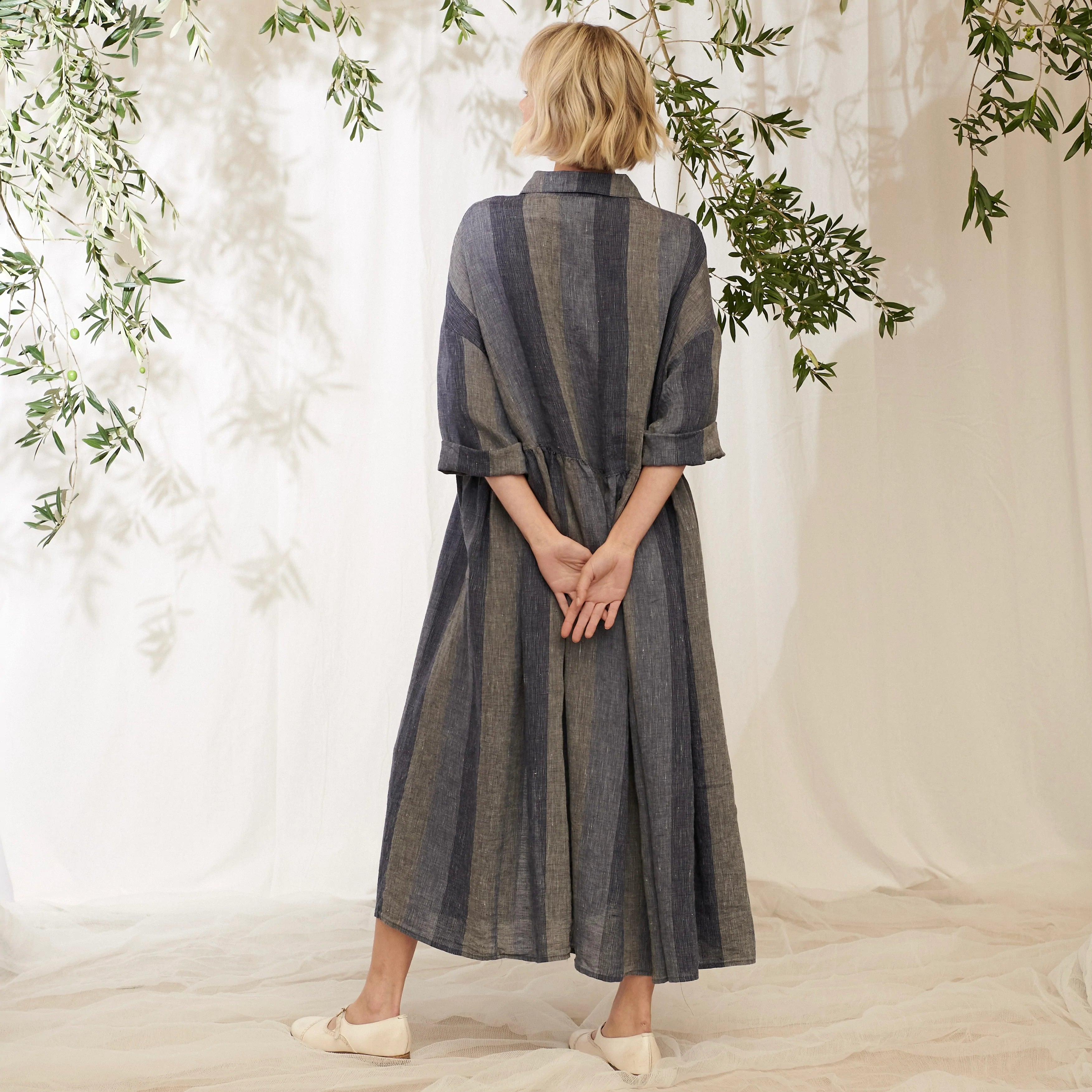 Ingrid Linen Stripe Shirt Dress - Indigo Stripe