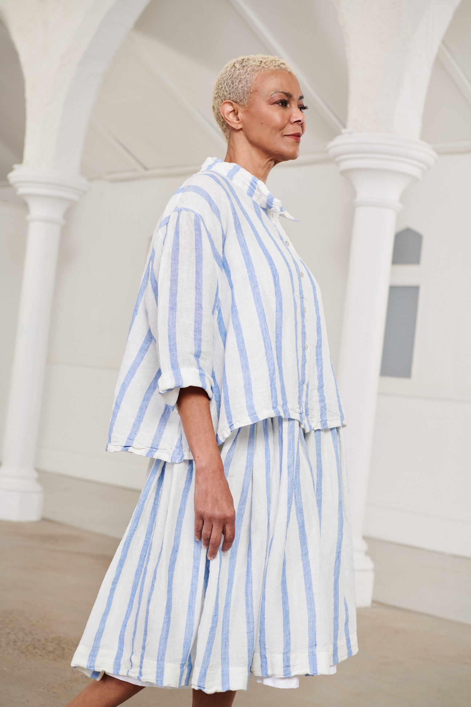 High Tea Slip Dress - Pale Blue & White Stripe Linen