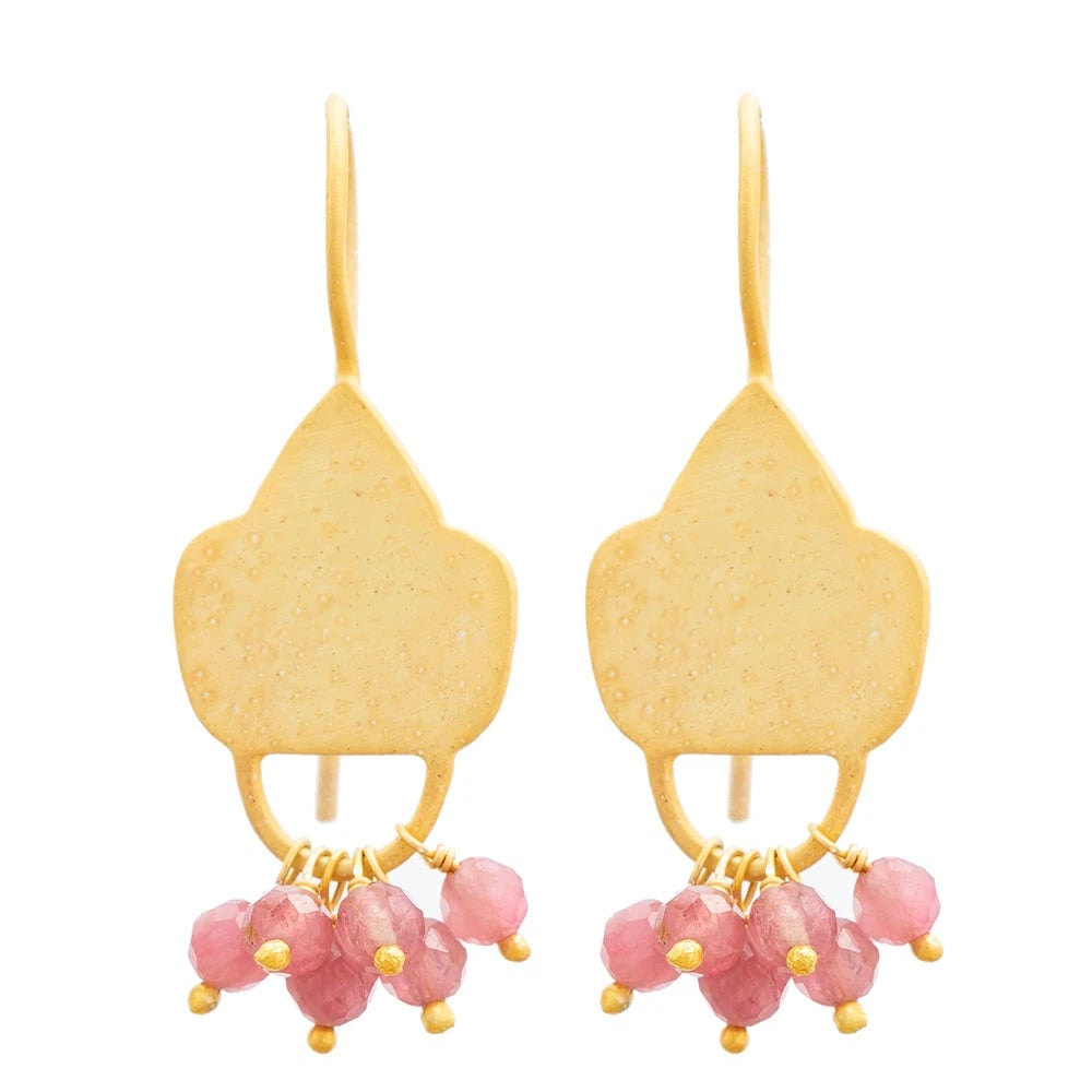 Gold plate Pink Tourmaline shield earrings