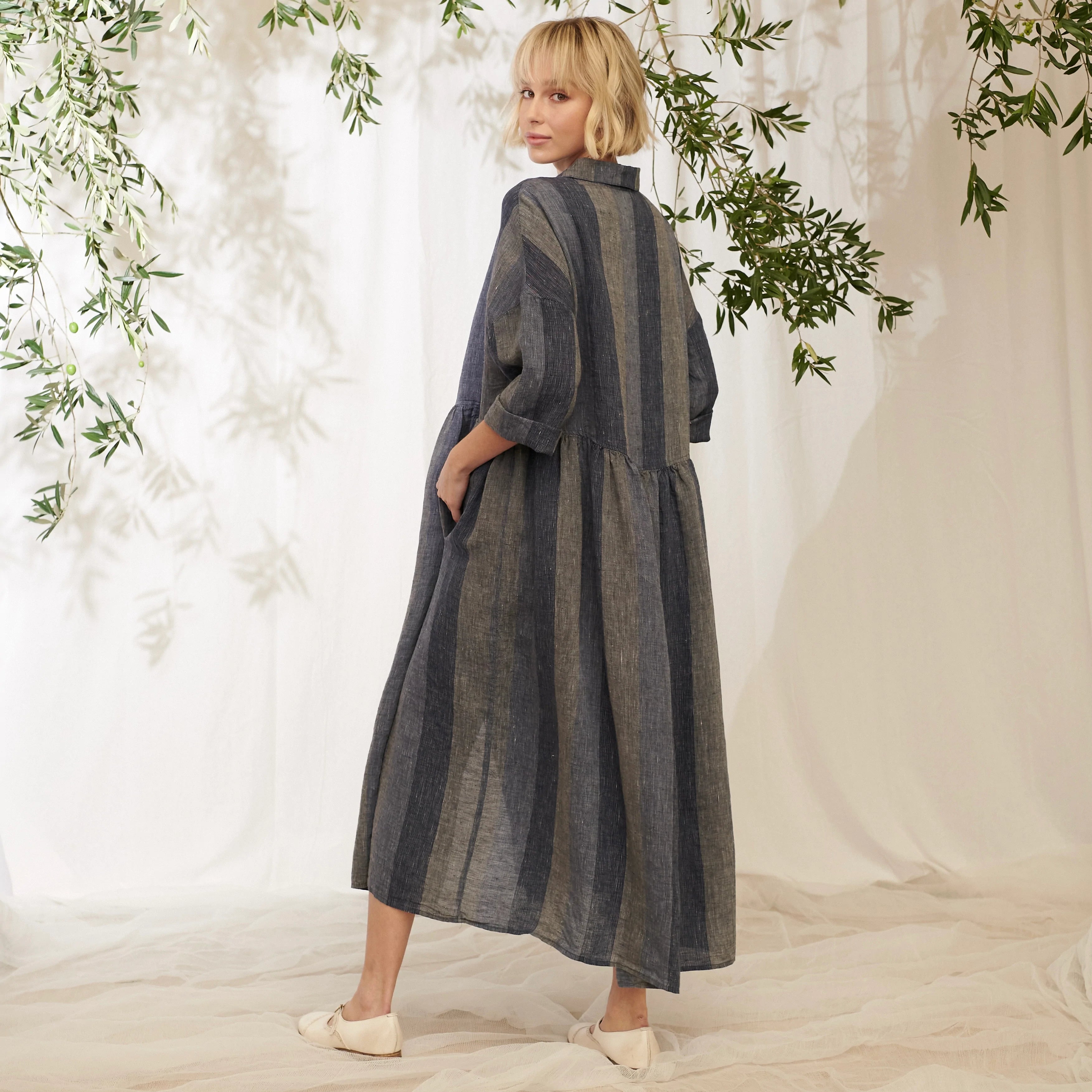Ingrid Linen Stripe Shirt Dress - Indigo Stripe