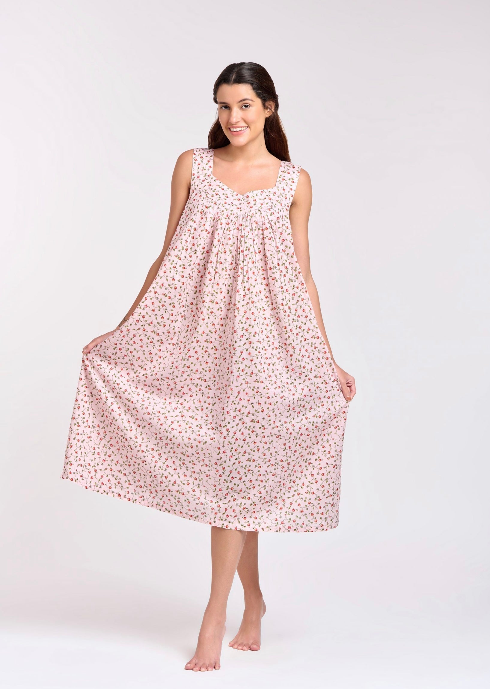 Hand Block Printed V Neck Nightie - Pale Pink/Red Rose