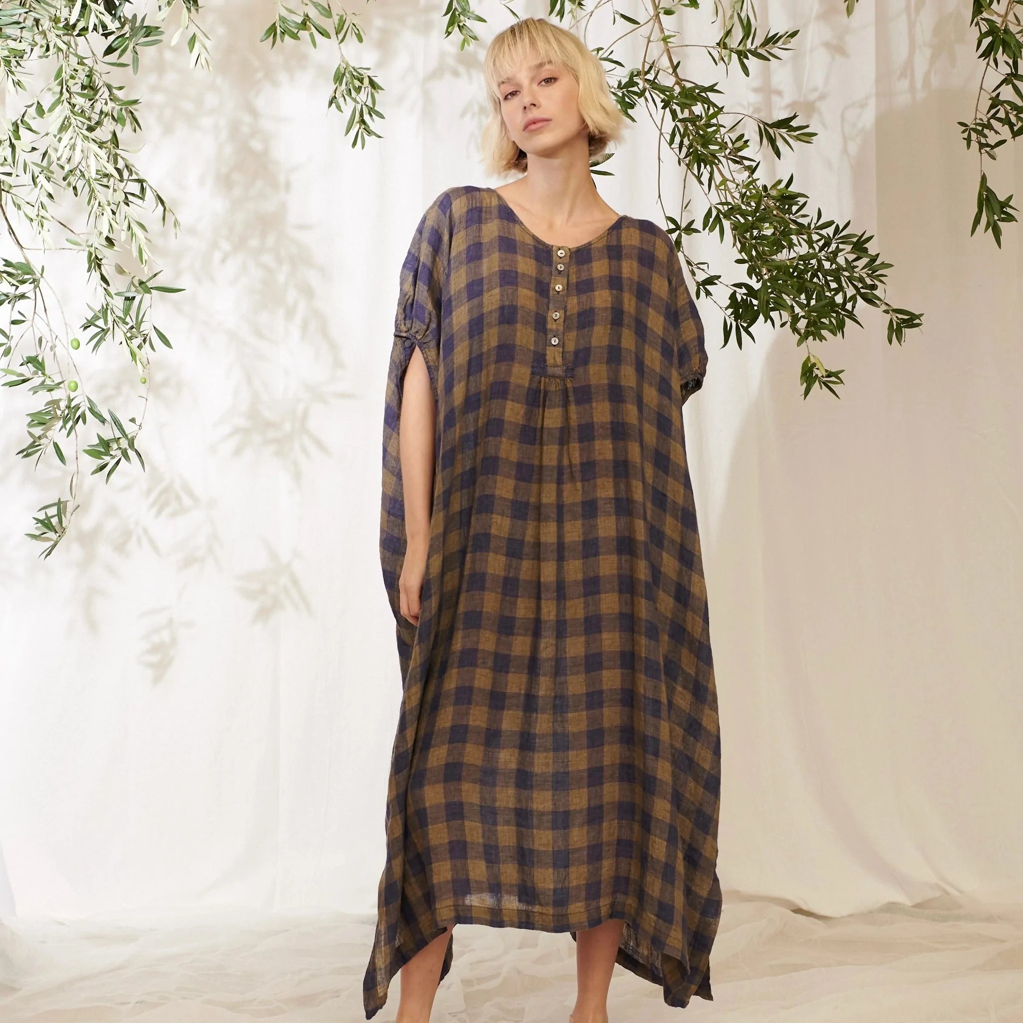 Elinor Oversized Linen Gauze Check Dress - Mica/Indigo