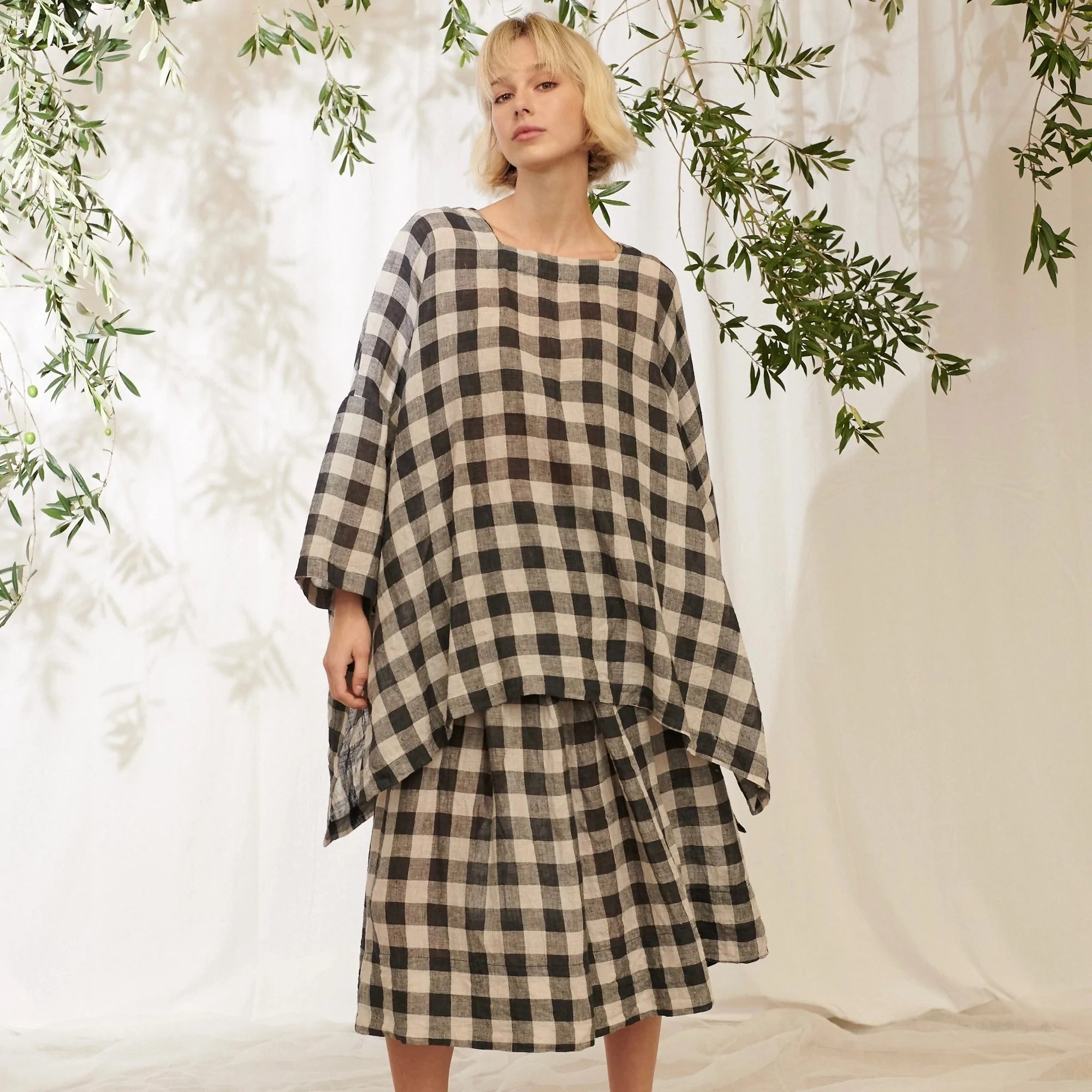 Isabelle Linen Gauze Check Top - Soot/Natural