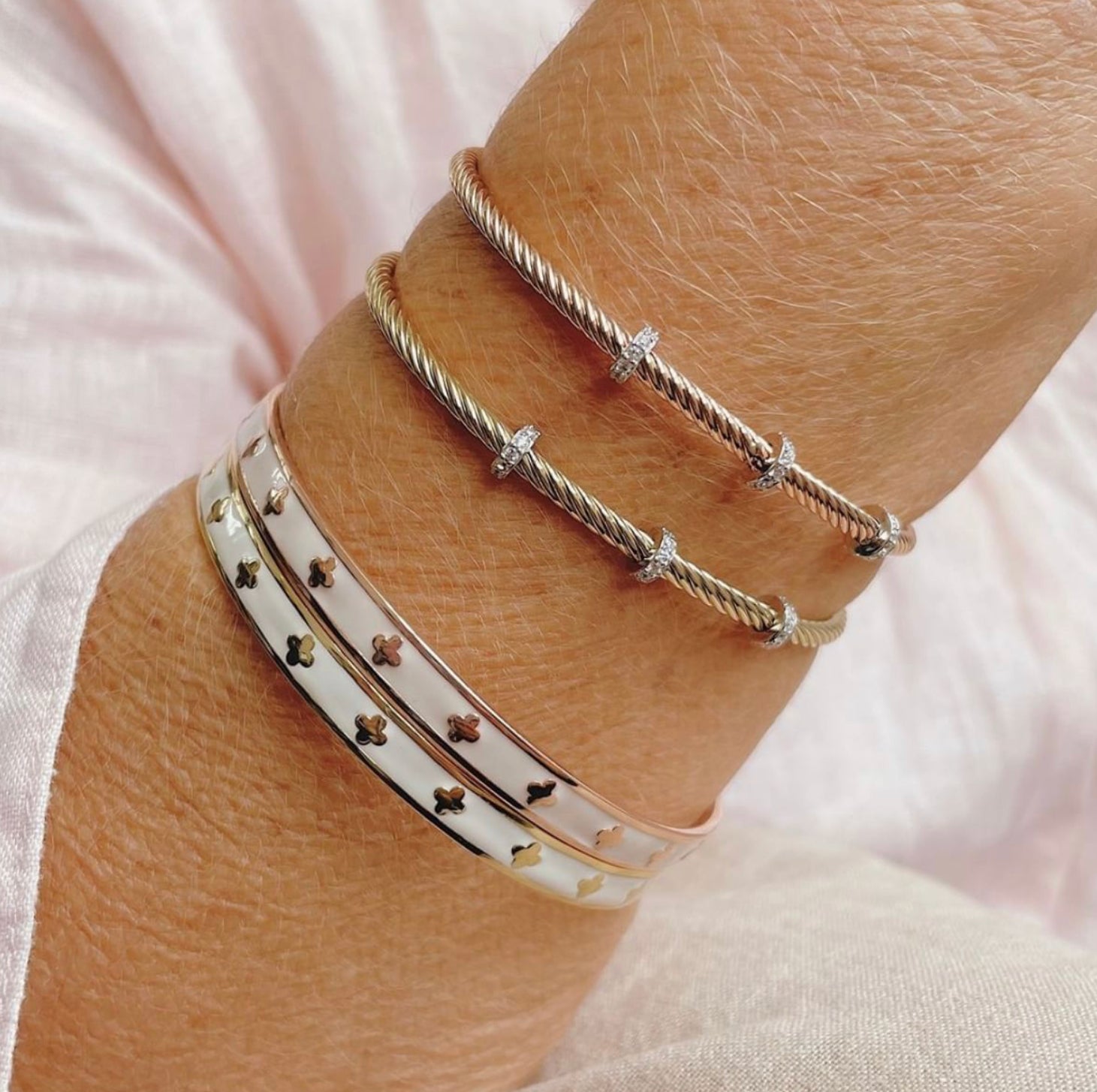 Flower White Enamel and Rhodium Bangle
