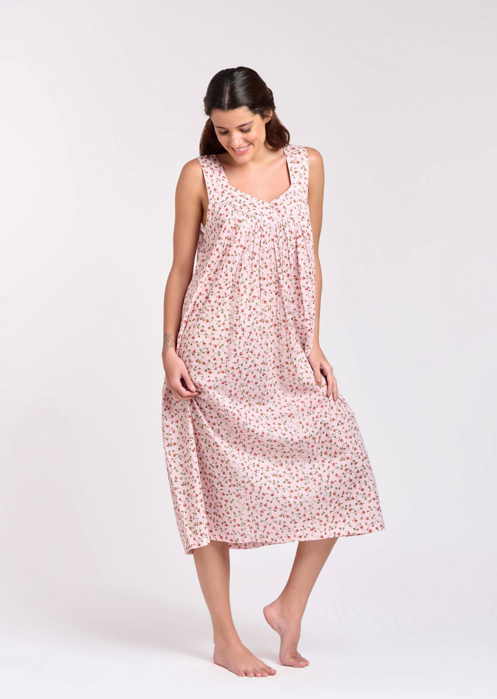 Hand Block Printed V Neck Nightie/Dress - Pale Pink/Red Rose