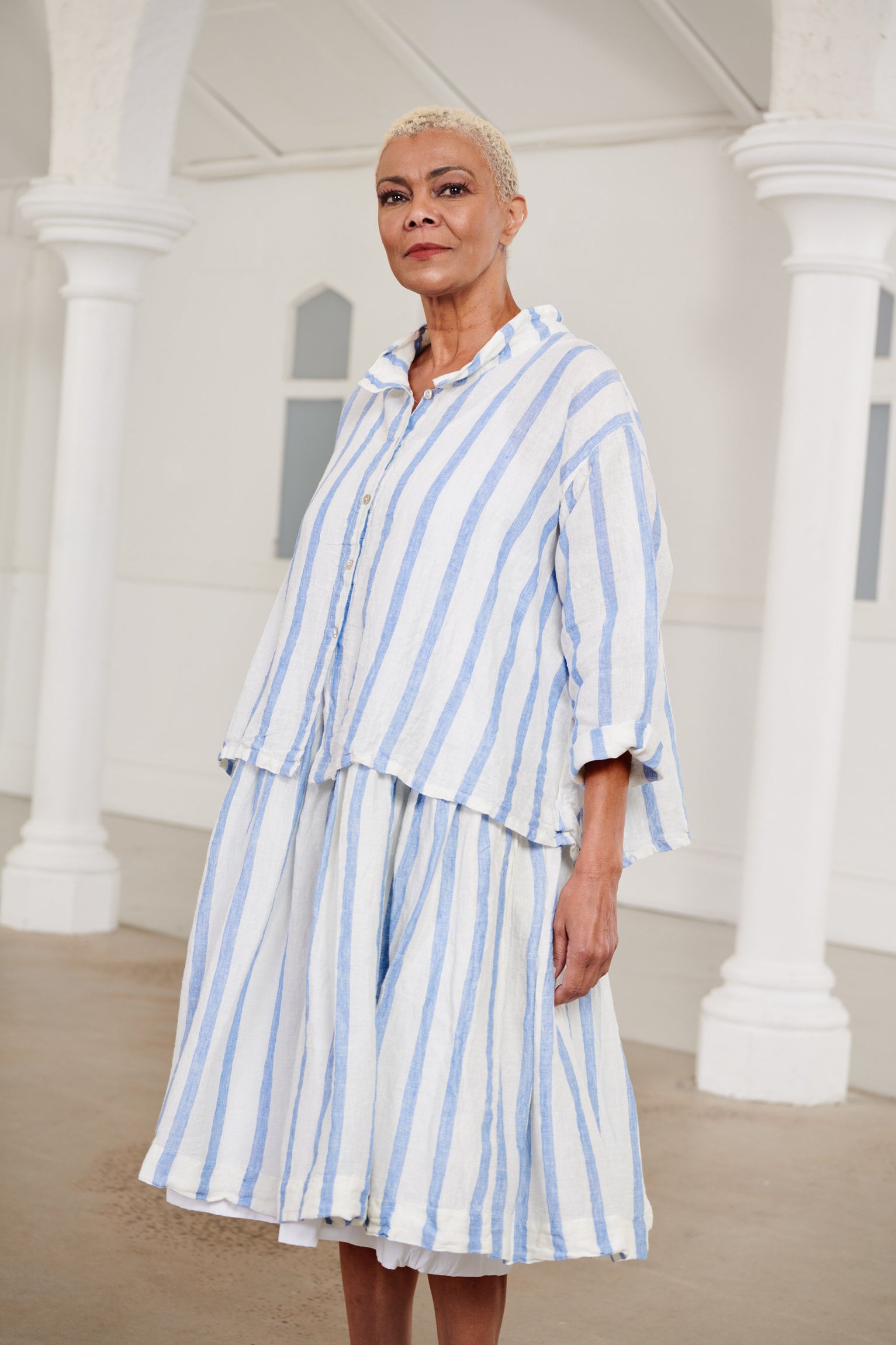 High Tea Slip Dress - Pale Blue & White Stripe Linen