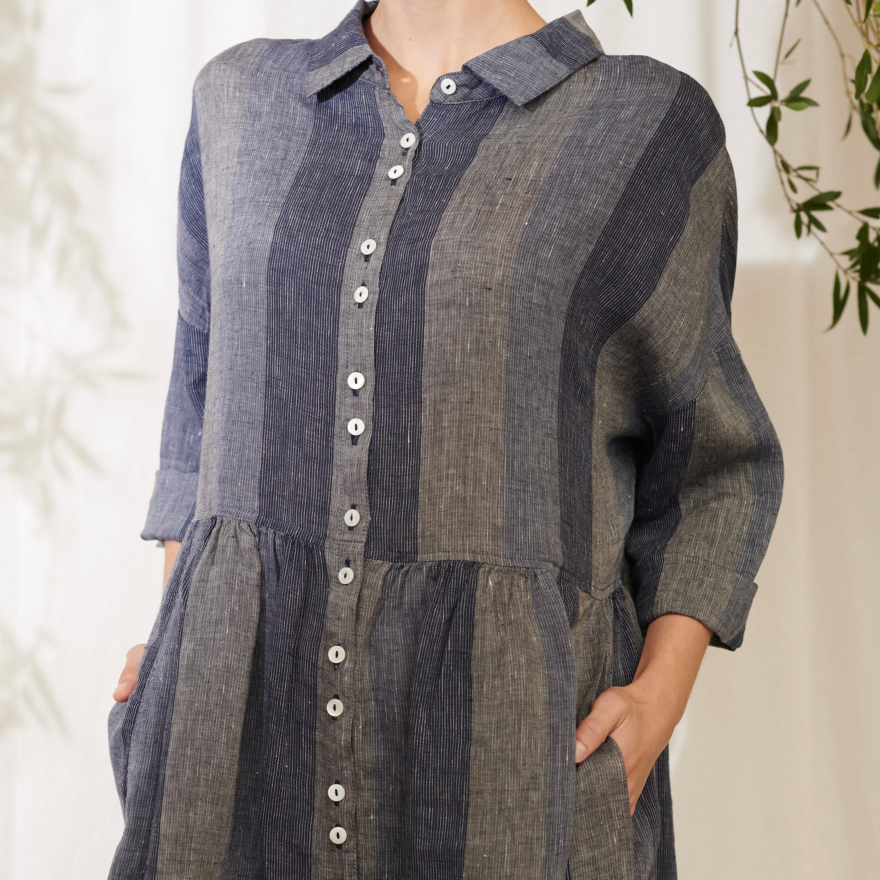 Ingrid Linen Stripe Shirt Dress - Indigo Stripe