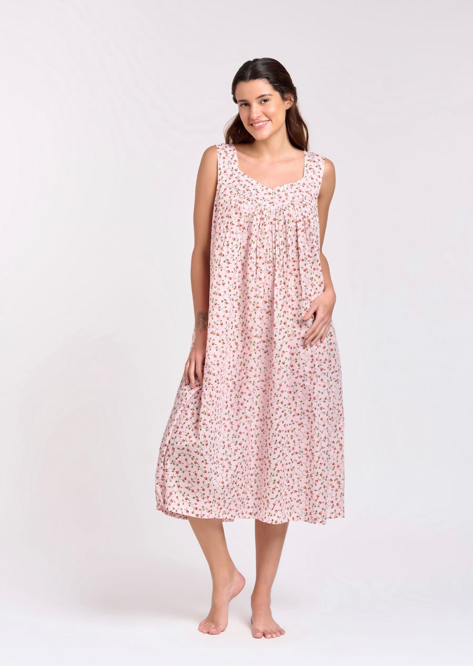 Hand Block Printed V Neck Nightie - Pale Pink/Red Rose