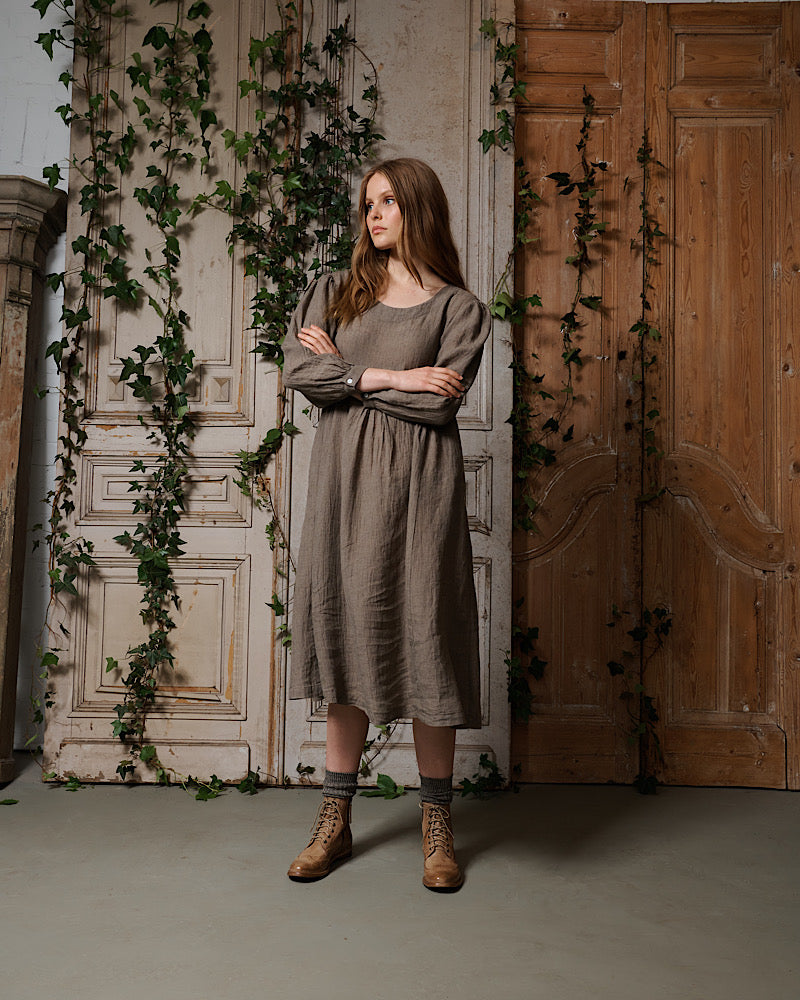 Anais Long Sleeve Linen Gauze Dress - Latte