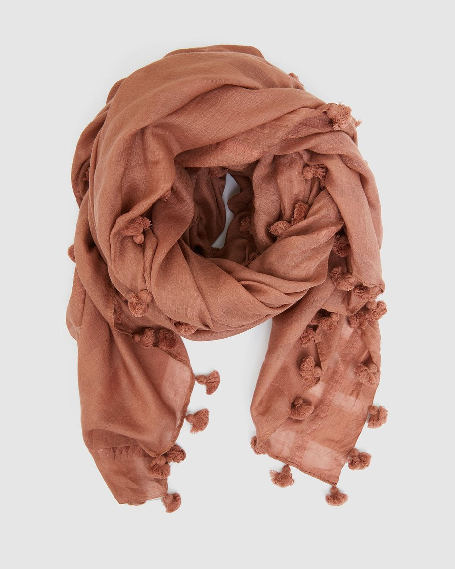 Silk Cotton Pom Pom Scarf Cedar Wood