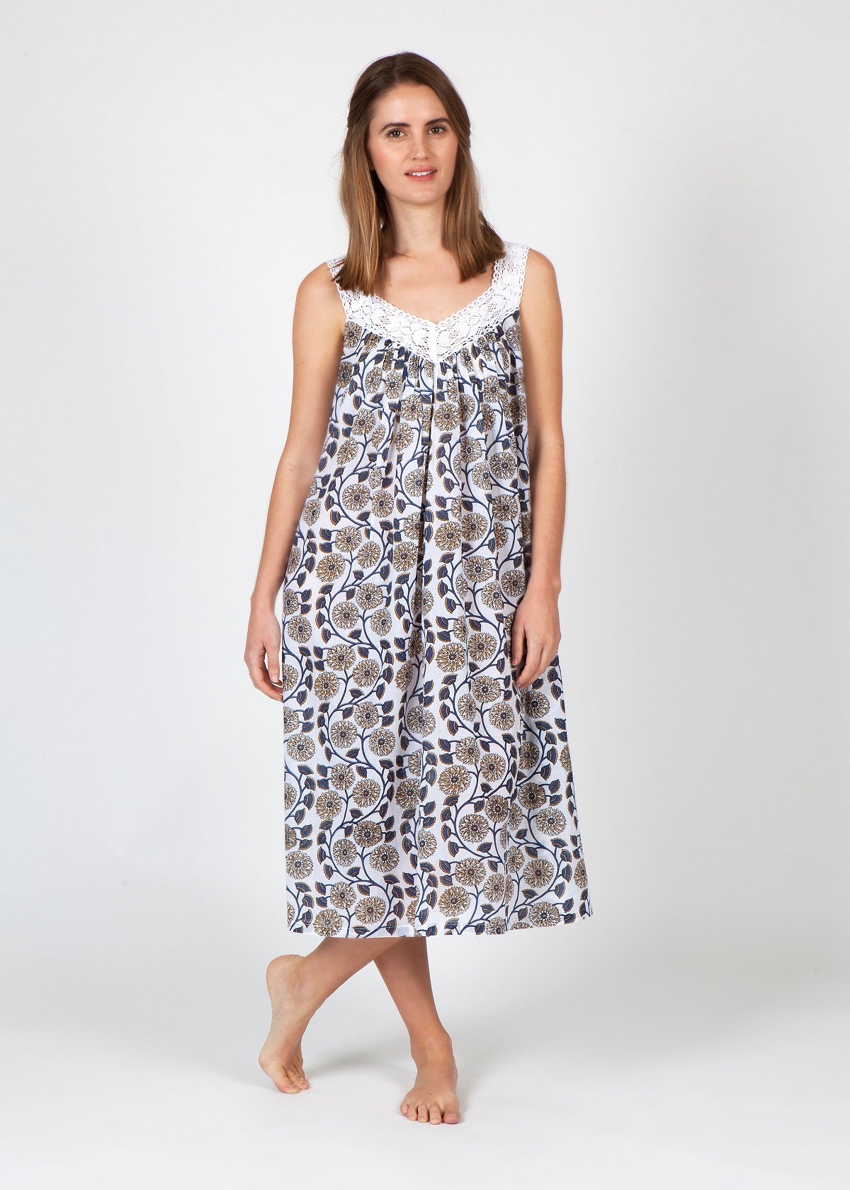 Hand Block Printed V Neck Lace Nightie - Navy/Beige Flower Print