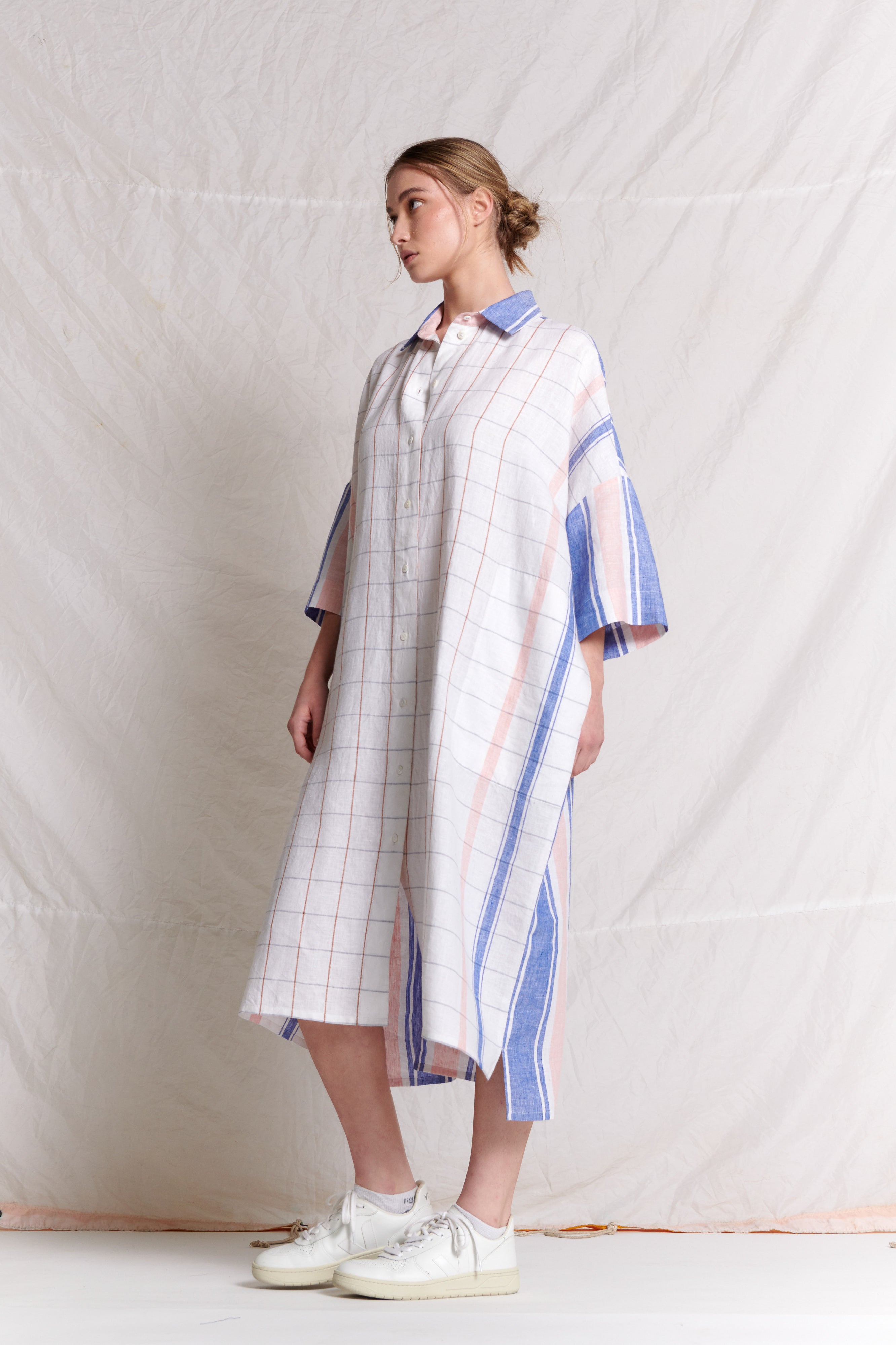 Saloni Shirt Dress Stripe/Plaid - Blue/Petal