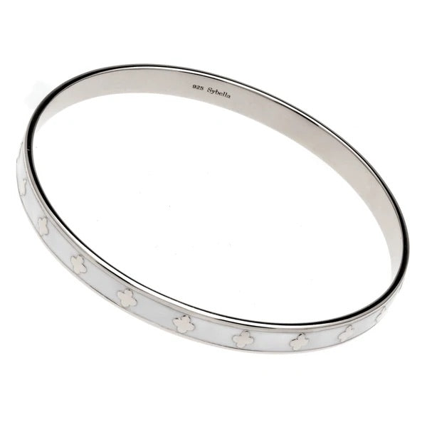 Flower White Enamel and Rhodium Bangle