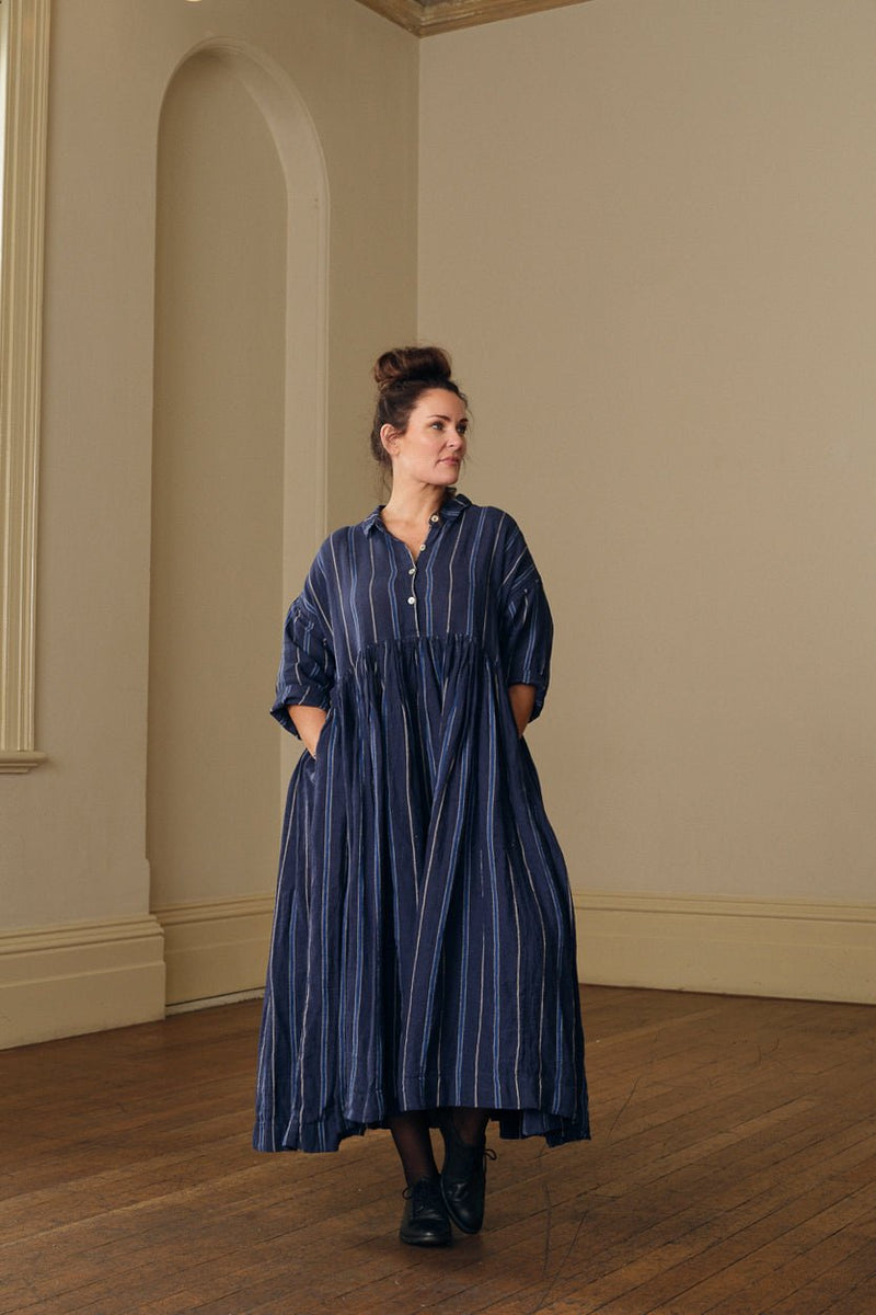 Edith Dress - Linen navy stripe