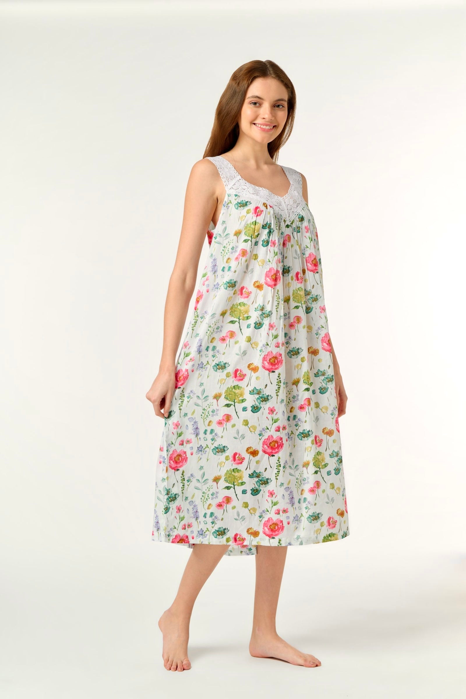 Hand Block Printed V Neck Nightie laced - Watercolour Floral Print