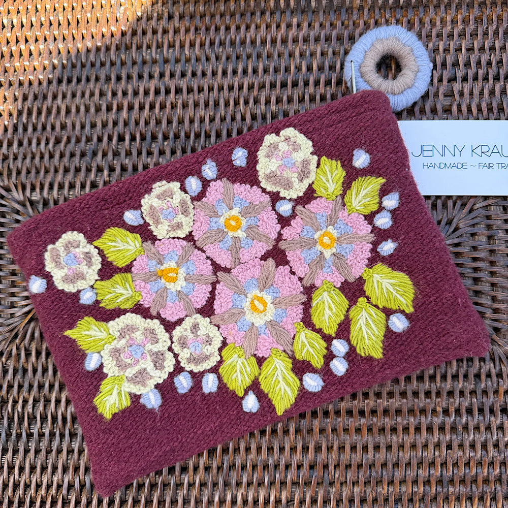 plum floral embroidered wool clutch