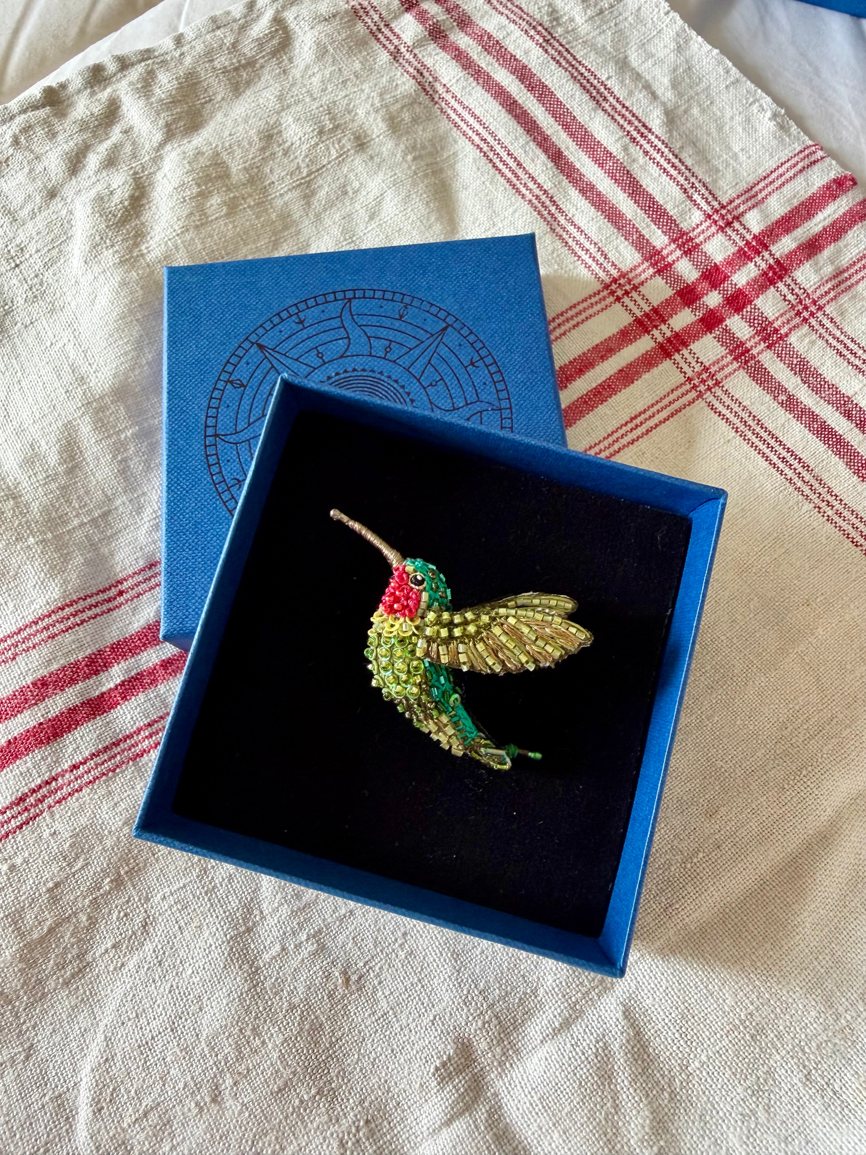Ruby throated hummingbird brooch