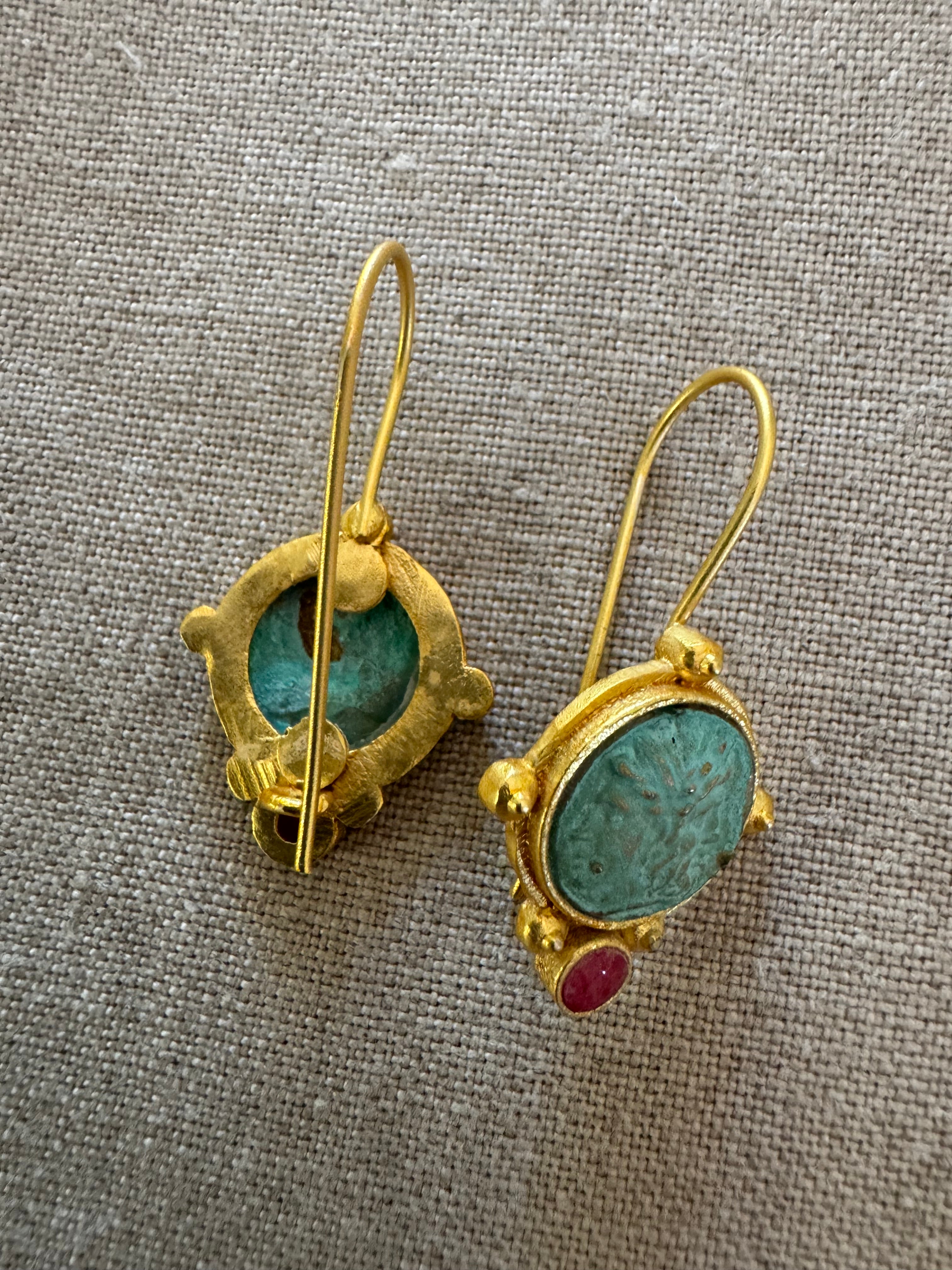 Roman Coin Gilded Bronze Earrings with Garnet