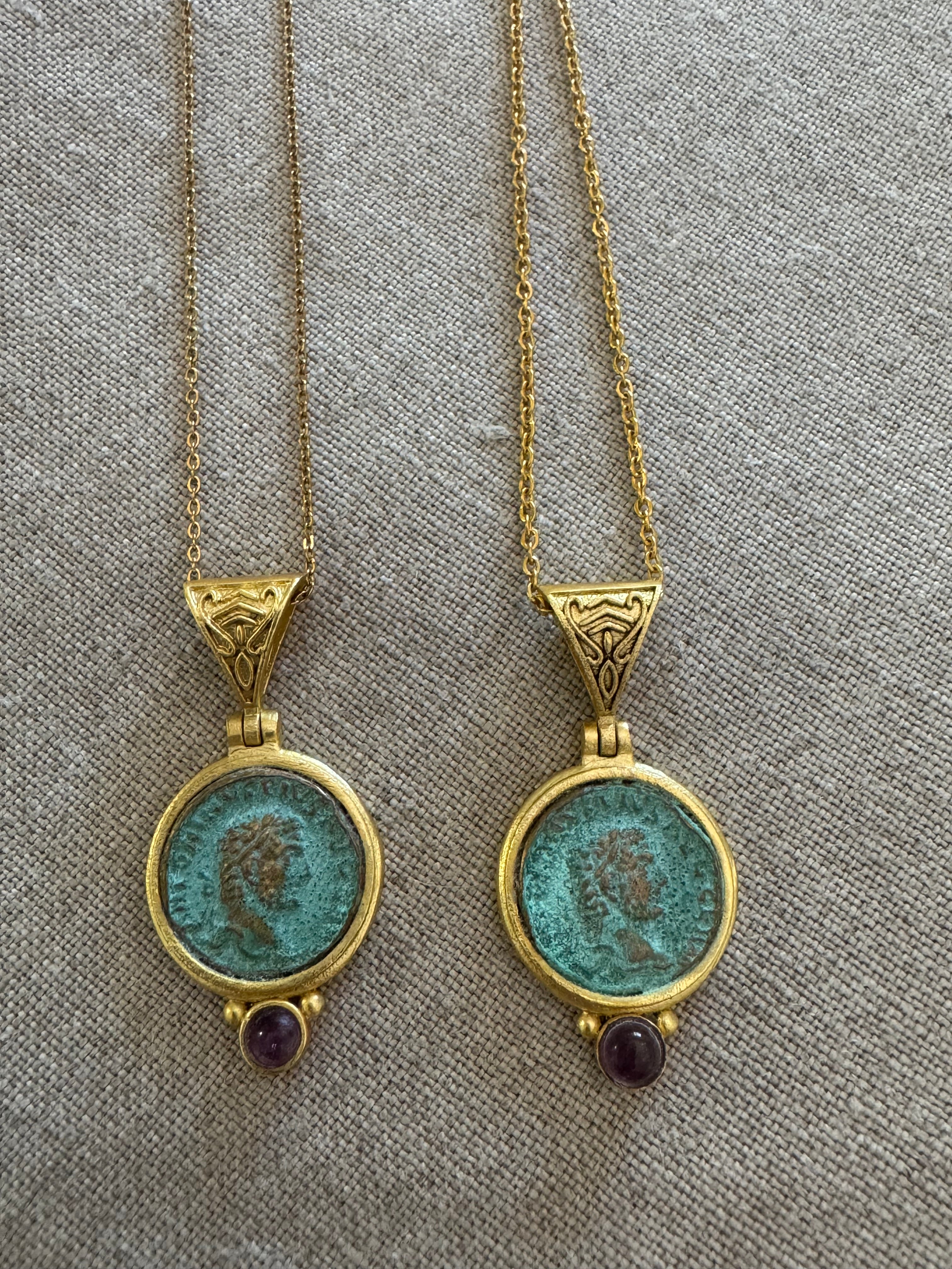 Roman Coin Gilded Bronze Pendant with Amethyst