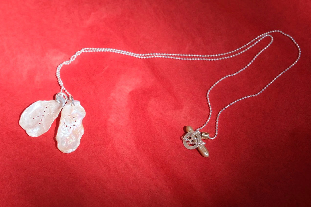 XO necklace sterling silver keshi pearls and yellow gold