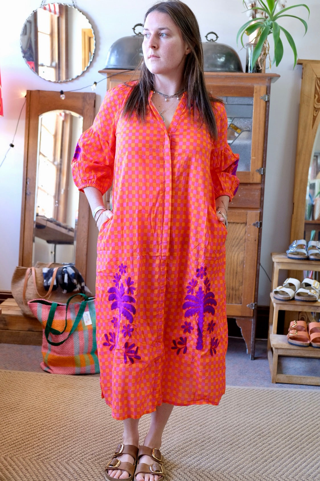 Fiesta embroidered orange gingham dress