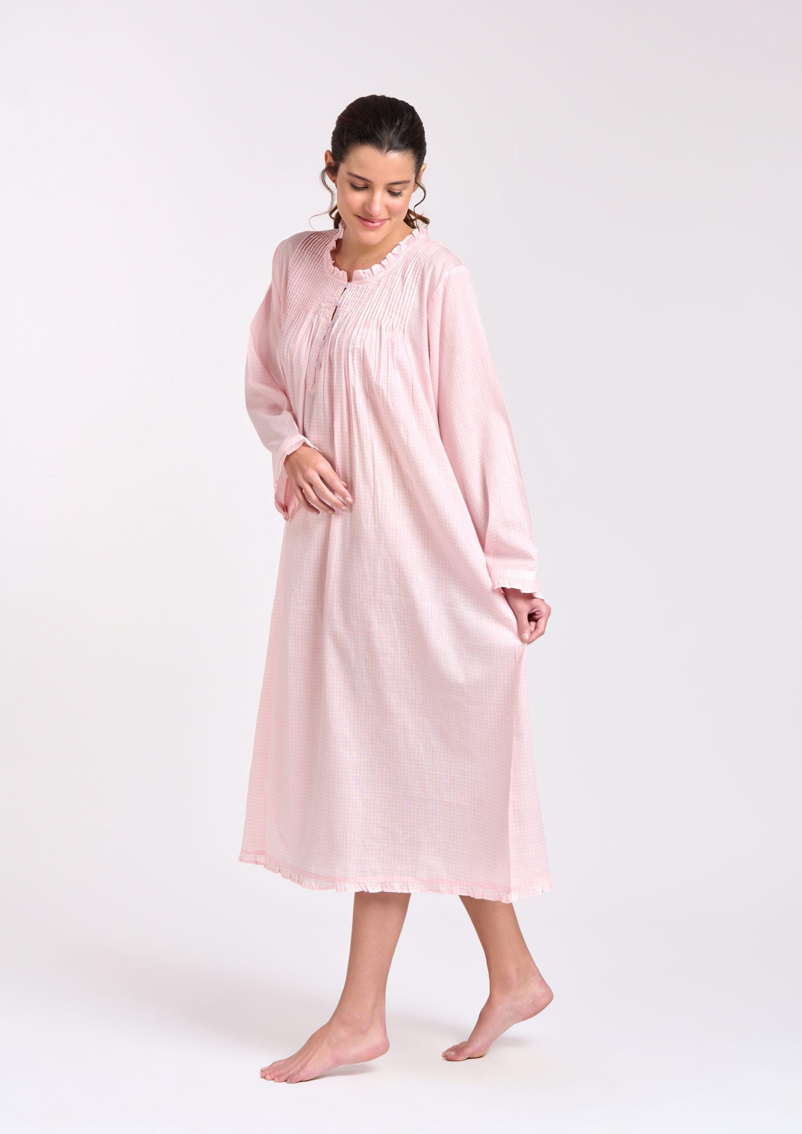Long Sleeve Nightie - Soft Pink Gingham