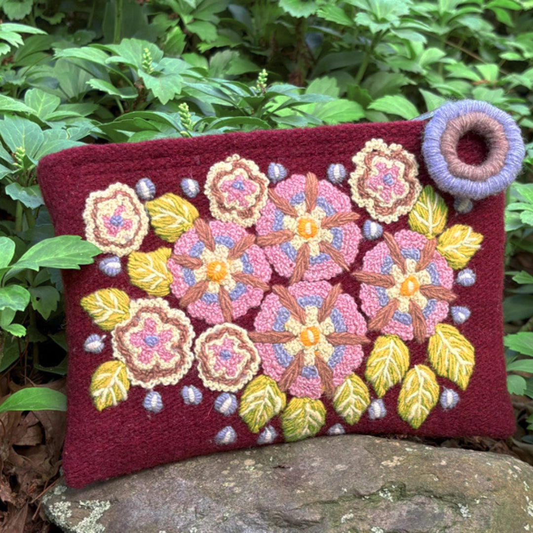 plum floral embroidered wool clutch