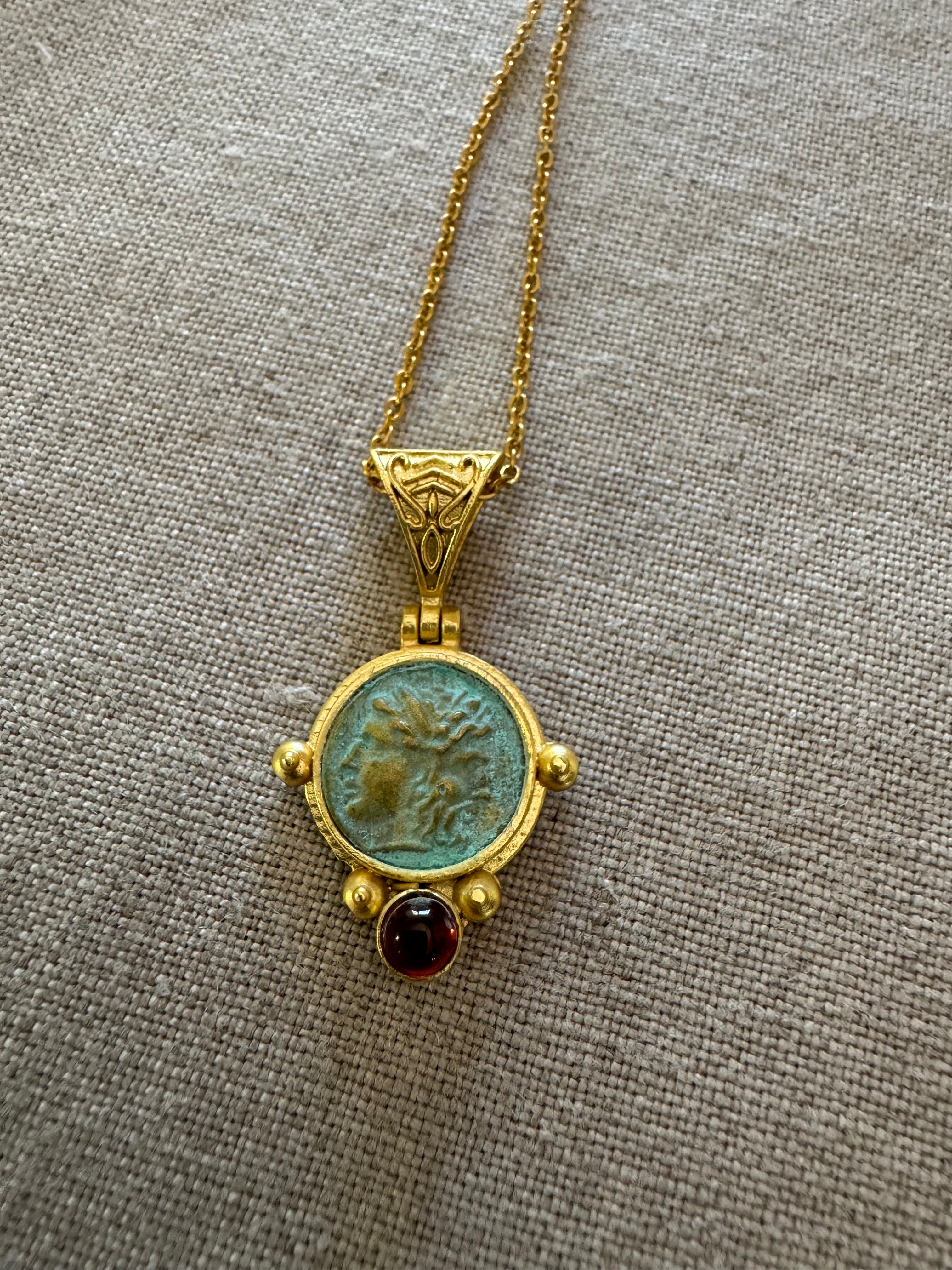 Roman Coin Gilded Bronze Pendant with Garnet