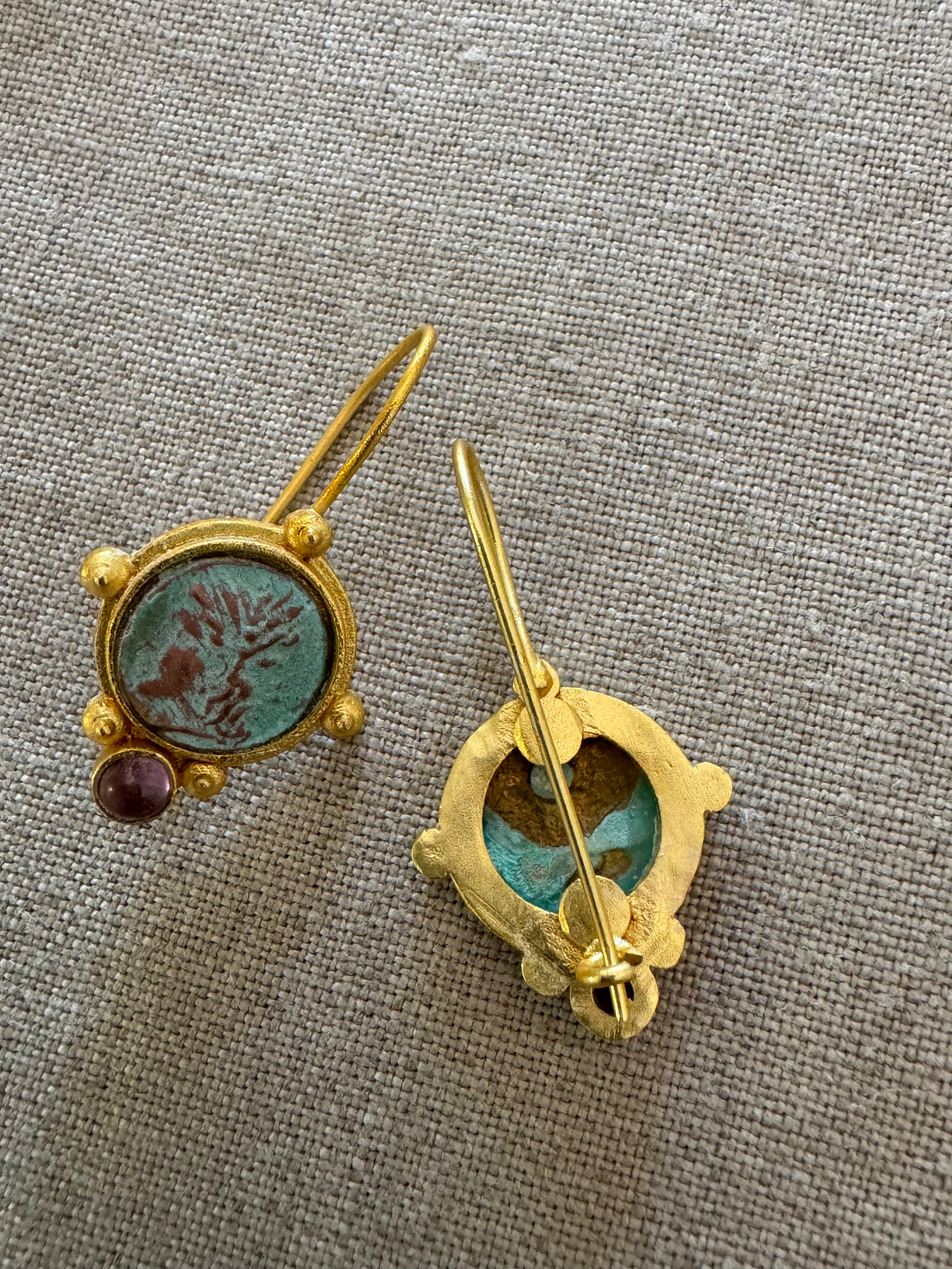 Roman Coin Gilded Bronze Earrings with Amethyst