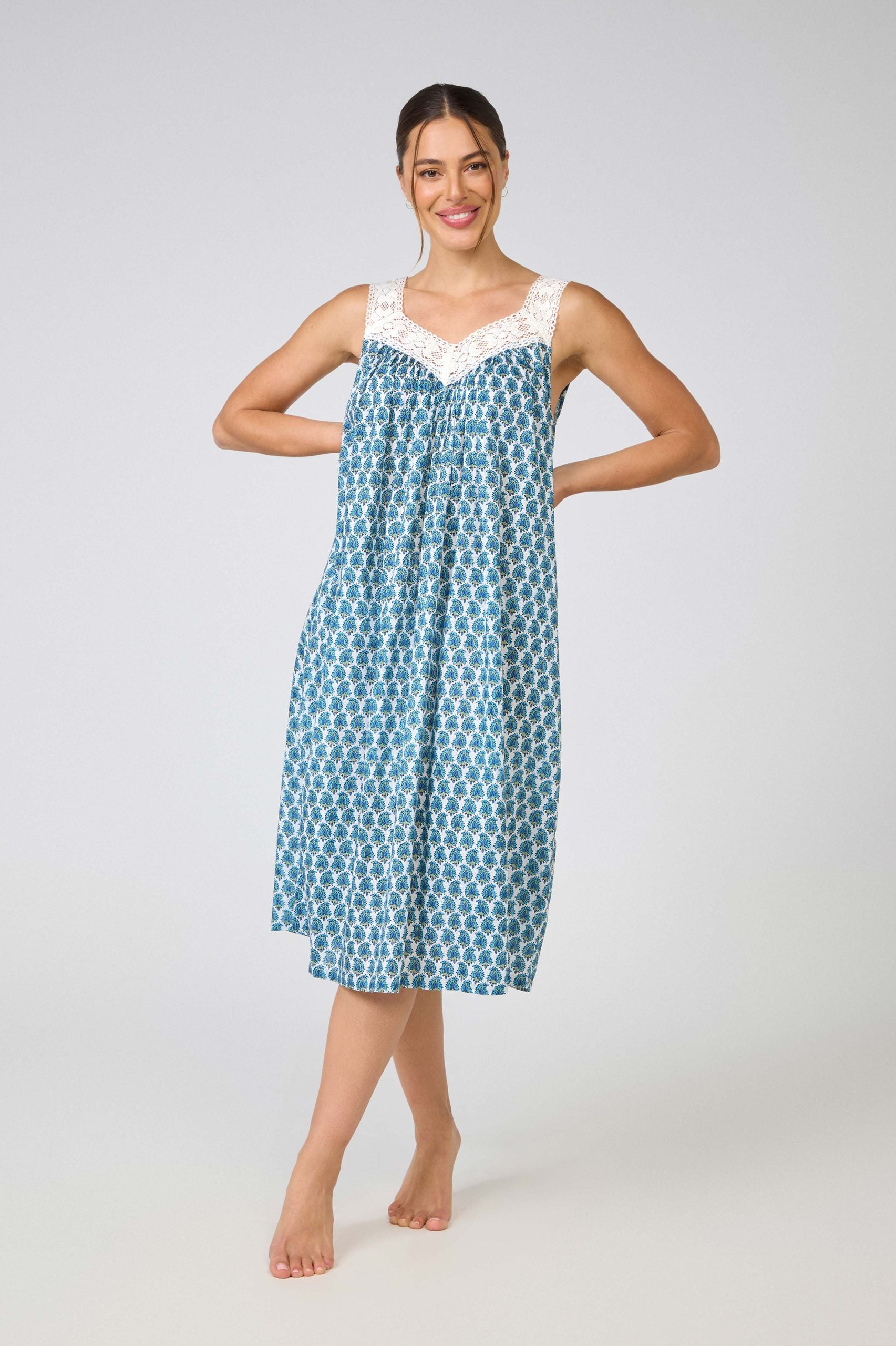 Hand Block Printed V Neck Nightie laced - Turquoise Blue Paisley